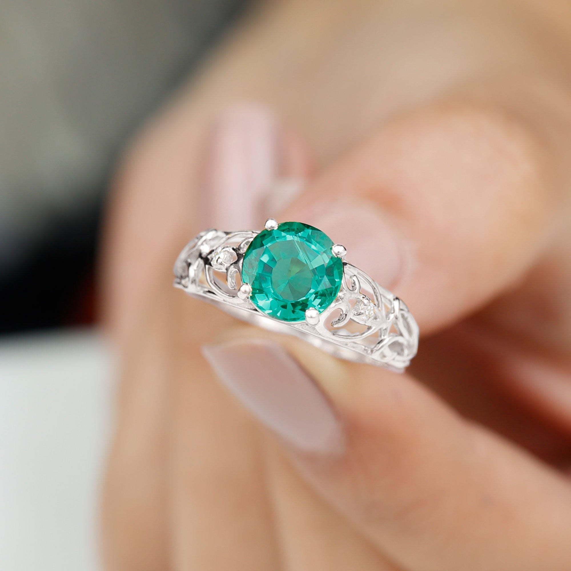 Antique Style Lab Grown Emerald and Diamond Solitaire Ring Lab Created Emerald - ( AAAA ) - Quality - Rosec Jewels