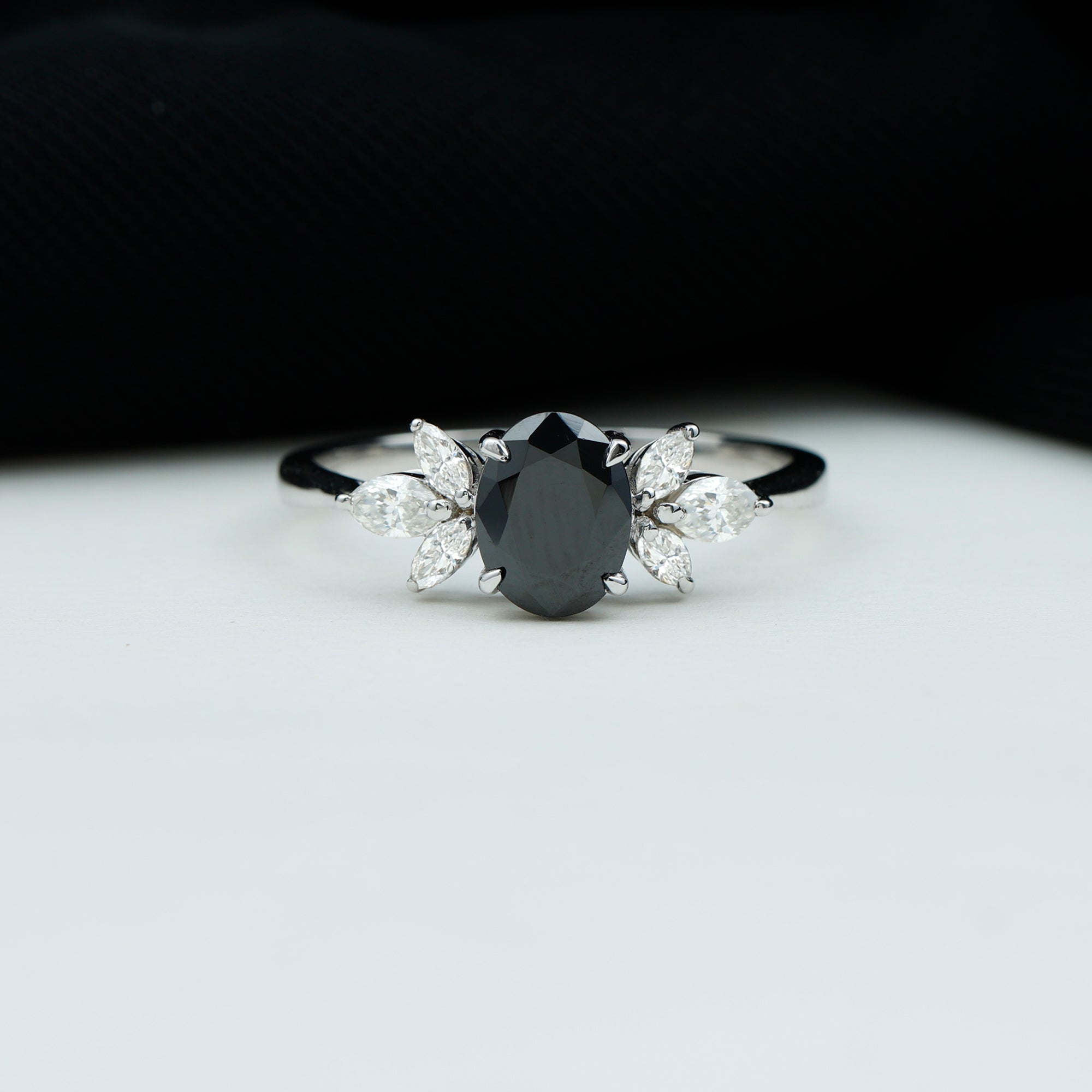 Claw Set Black Spinel Solitaire Ring with Marquise Diamond Trio Black Spinel - ( AAA ) - Quality - Rosec Jewels