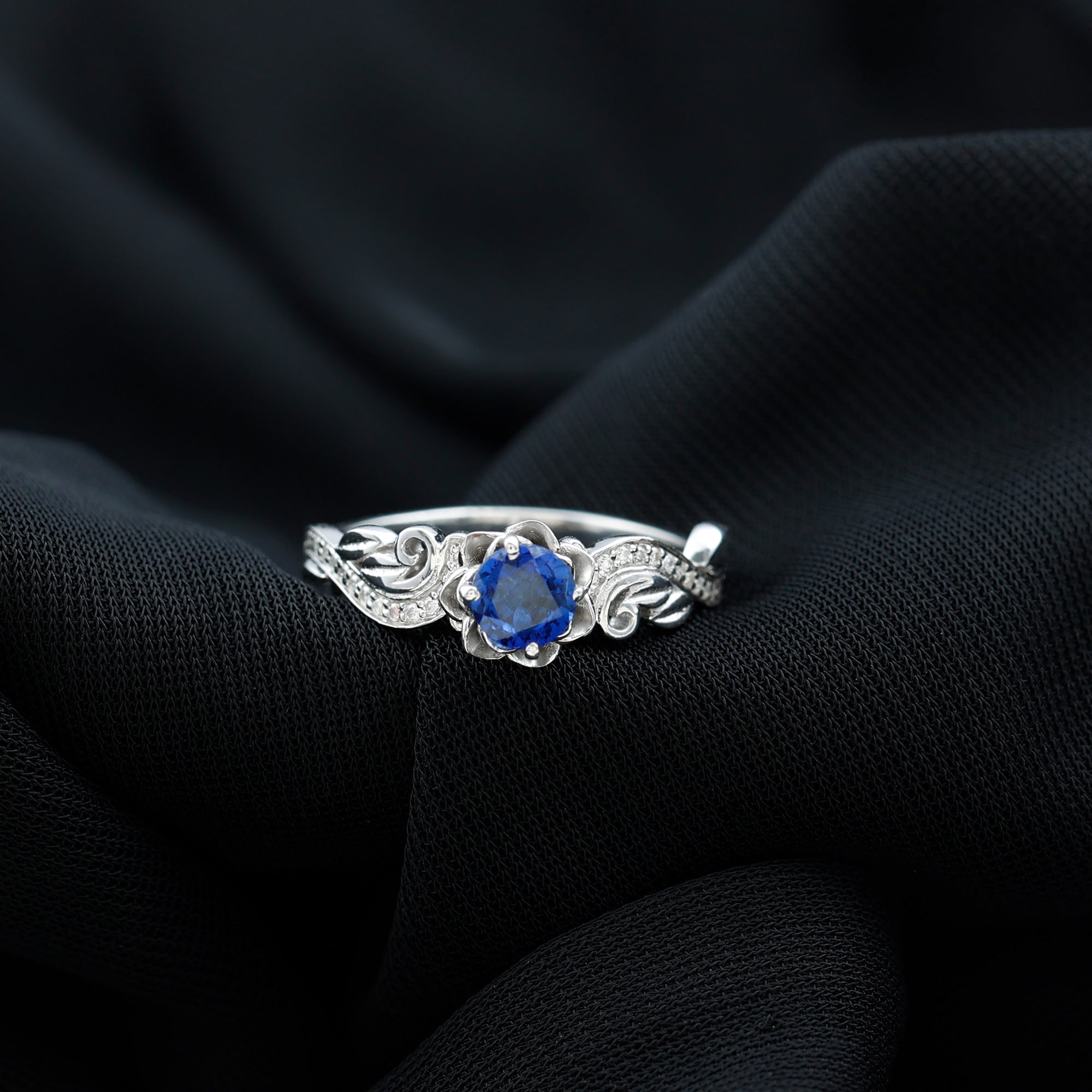 Flower Inspired Created Blue Sapphire and Diamond Engagement Ring Lab Created Blue Sapphire - ( AAAA ) - Quality - Rosec Jewels