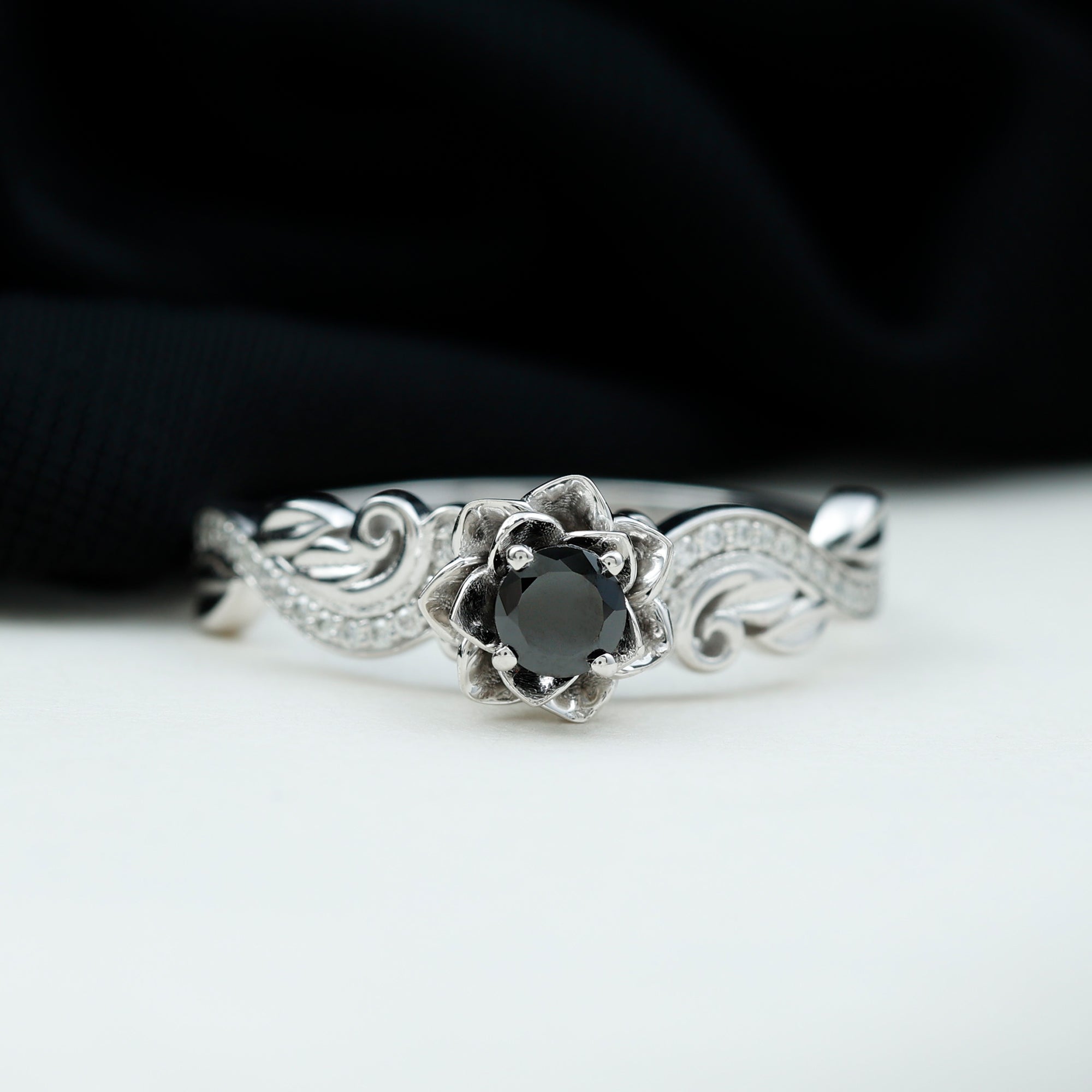 Flower Inspired Black Onyx and Diamond Engagement Ring Black Onyx - ( AAA ) - Quality 92.5 Sterling Silver 5 - Rosec Jewels