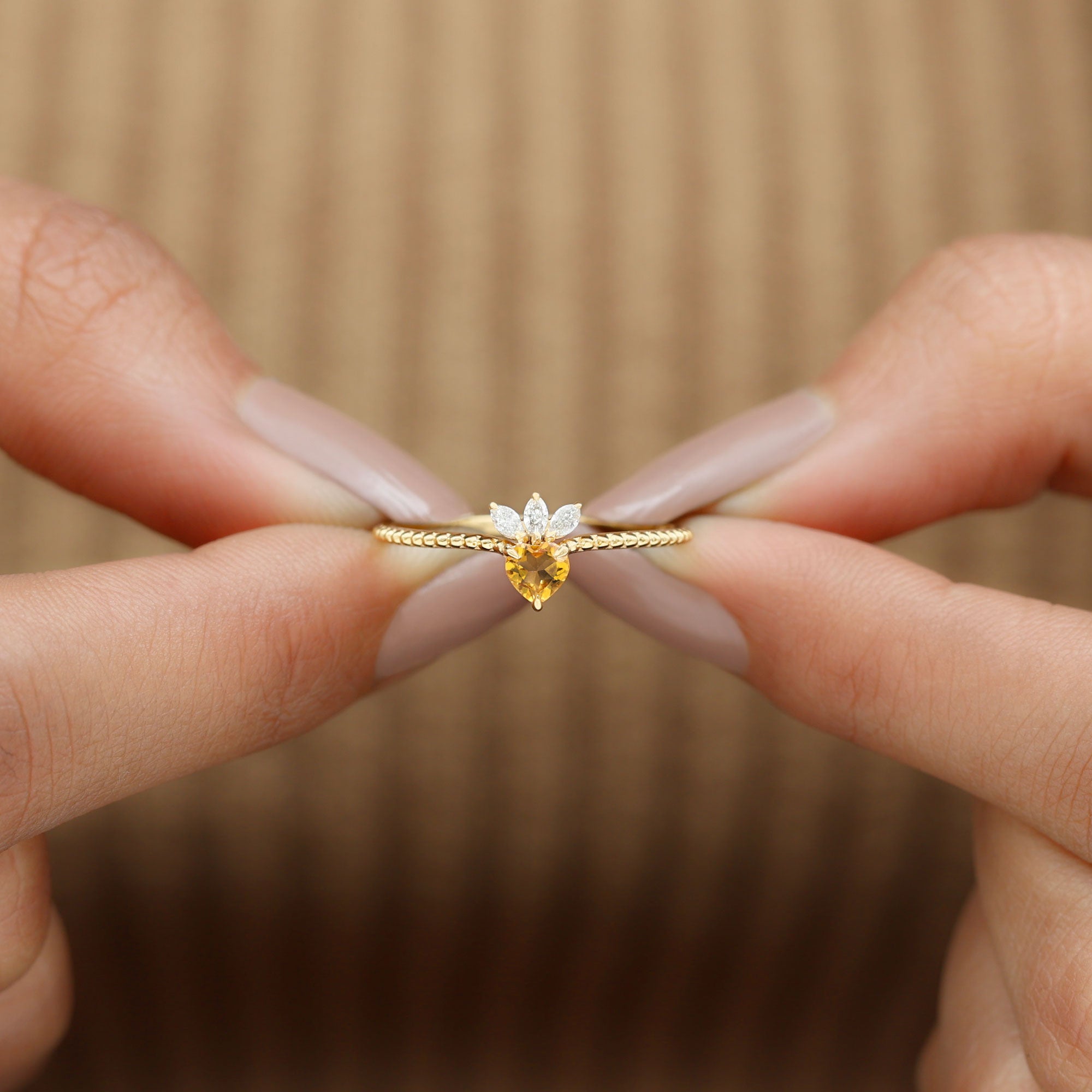 Heart Shape Citrine and Diamond Dainty Promise Ring with Beaded Detailing Citrine - ( AAA ) - Quality - Rosec Jewels