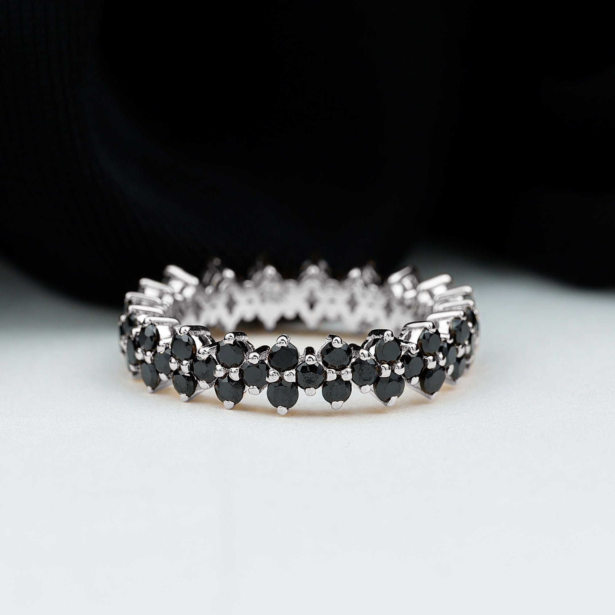 Round Black Spinel Cluster Eternity Ring in Prong Setting Black Spinel - ( AAA ) - Quality - Rosec Jewels