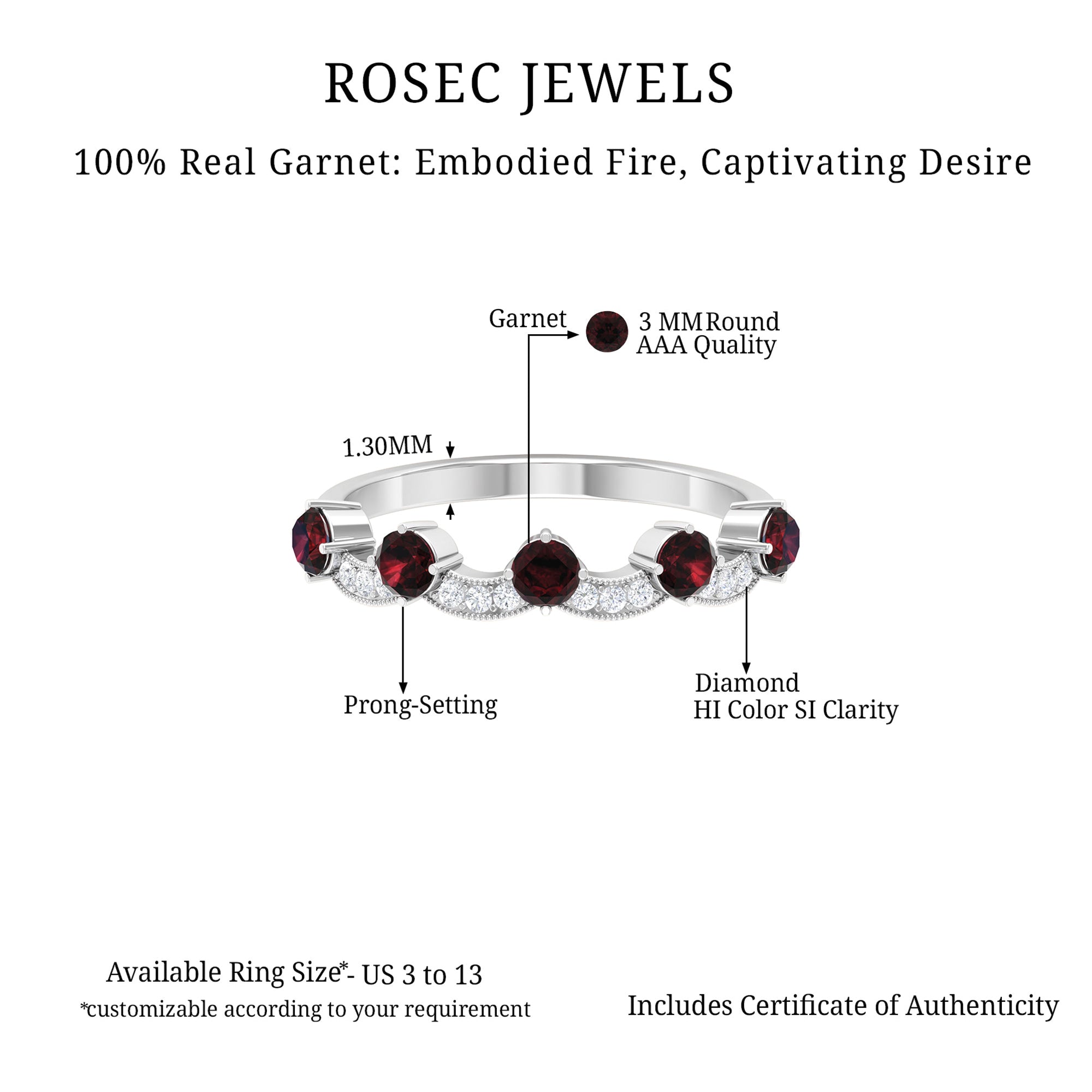 1 CT Garnet and Diamond Stackable Wave Ring Garnet - ( AAA ) - Quality - Rosec Jewels