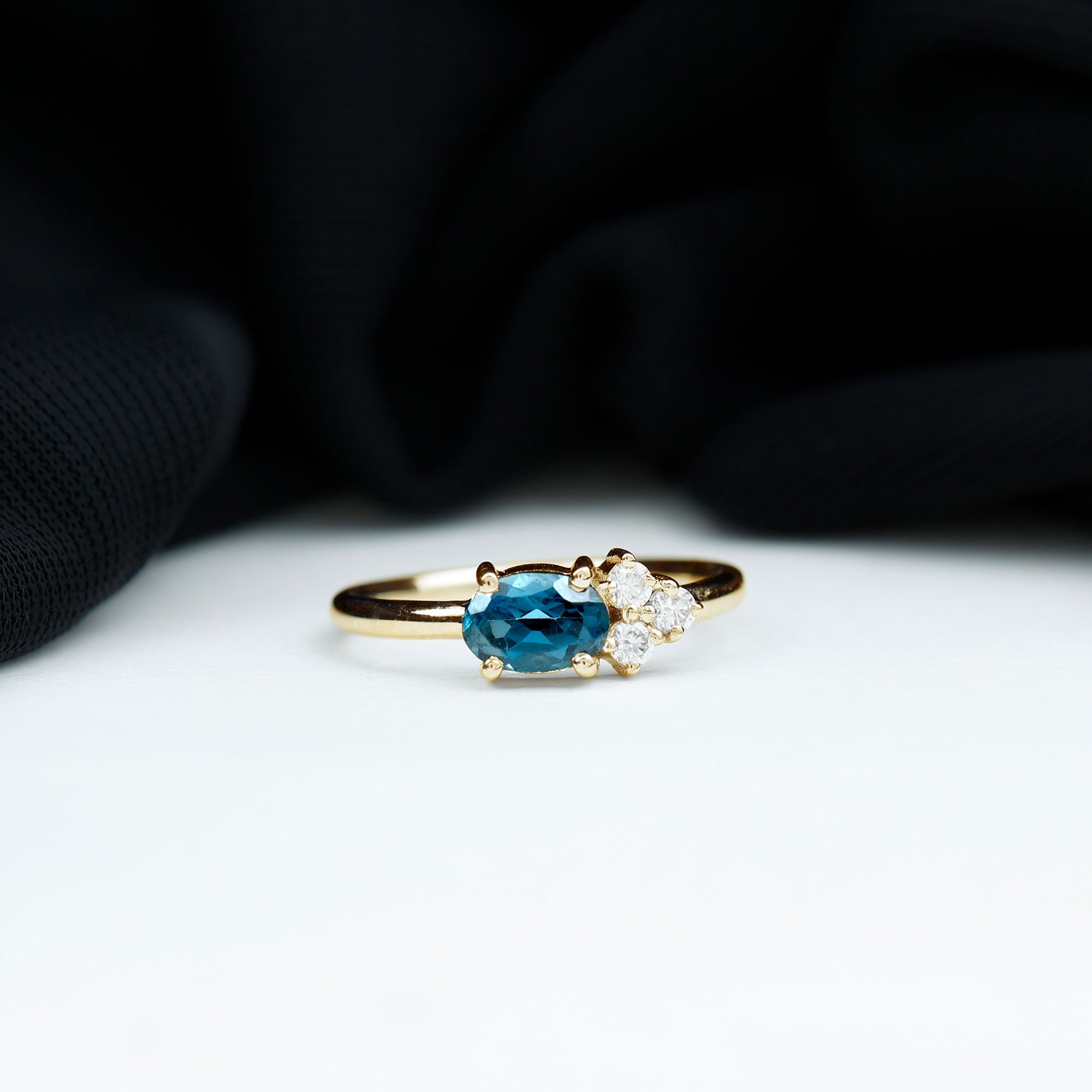 1/2 CT Oval Cut London Blue Topaz Promise Ring with Diamond Trio London Blue Topaz - ( AAA ) - Quality - Rosec Jewels