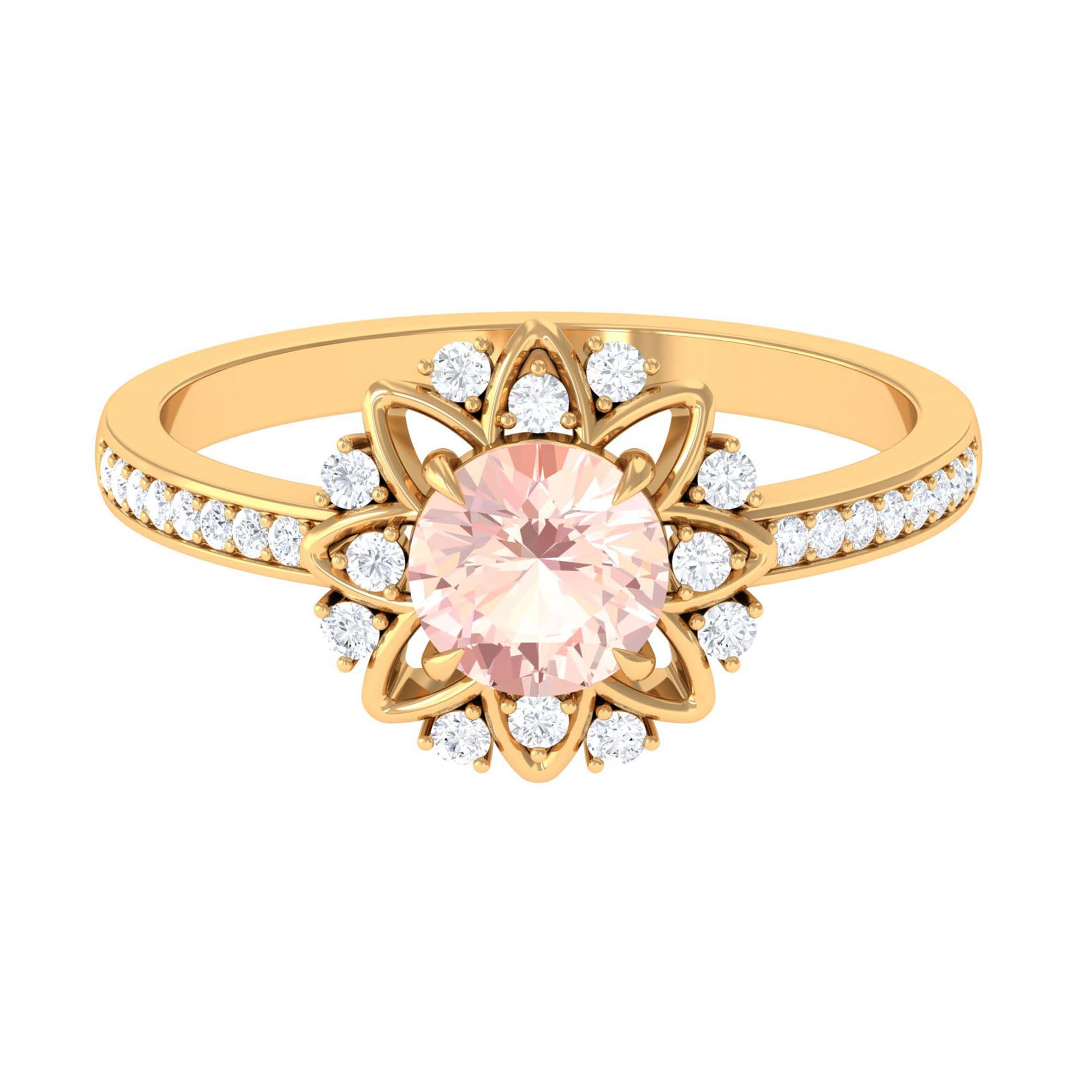 Round Morganite and Diamond Flower Engagement Ring Morganite - ( AAA ) - Quality - Rosec Jewels