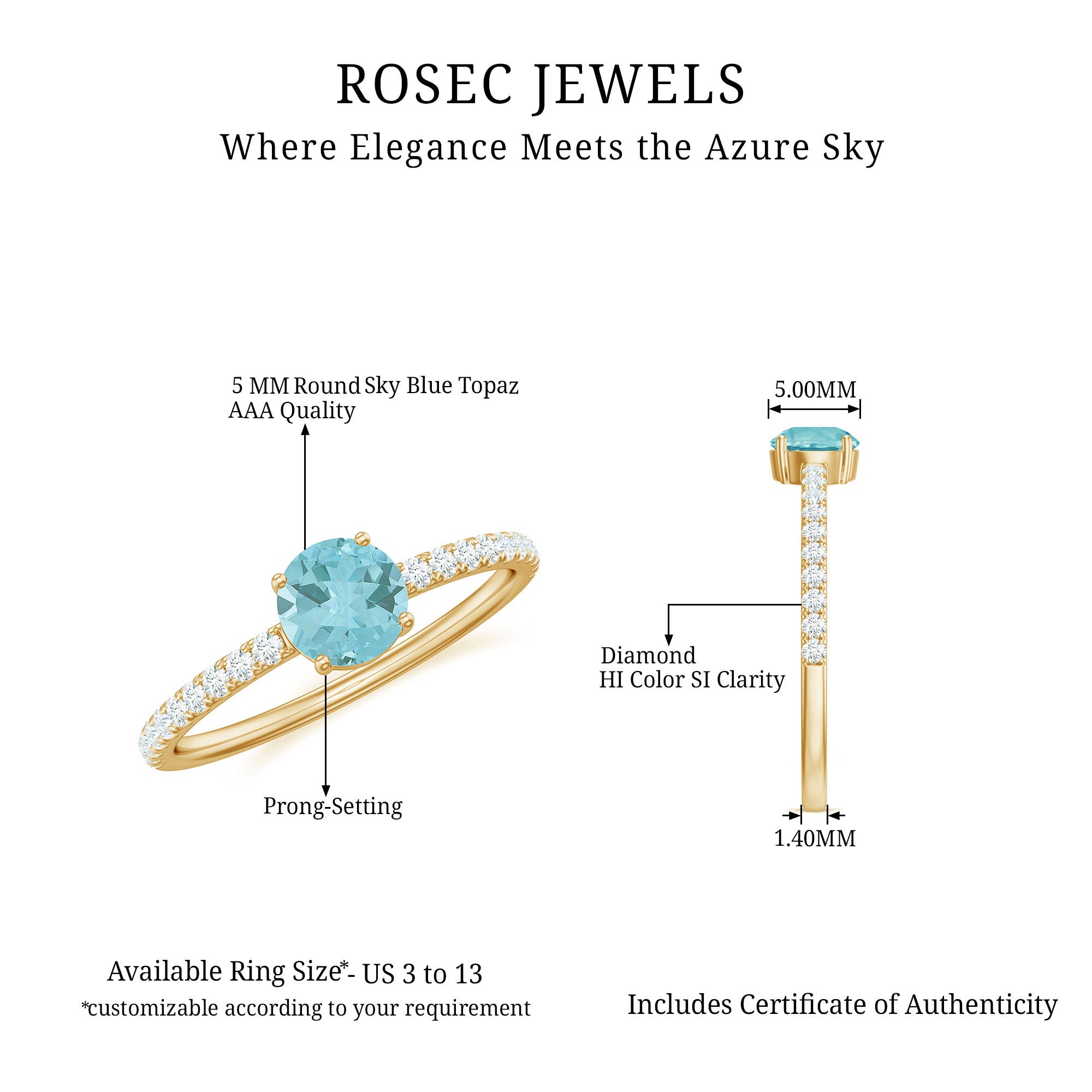 Sky Blue Topaz Solitaire Ring with Diamond Side Stones Sky Blue Topaz - ( AAA ) - Quality - Rosec Jewels