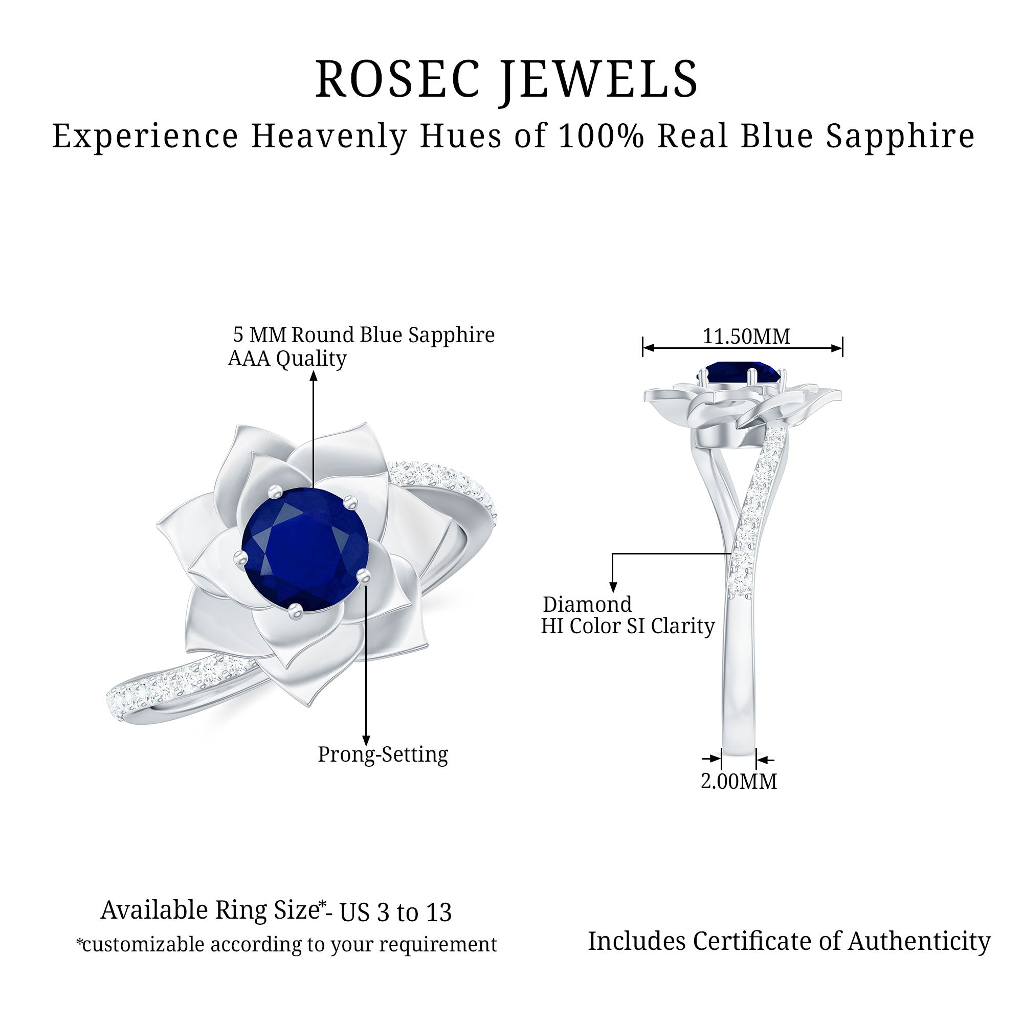 Real Blue Sapphire and Diamond Flower Ring with Bypass Shank Blue Sapphire - ( AAA ) - Quality - Rosec Jewels