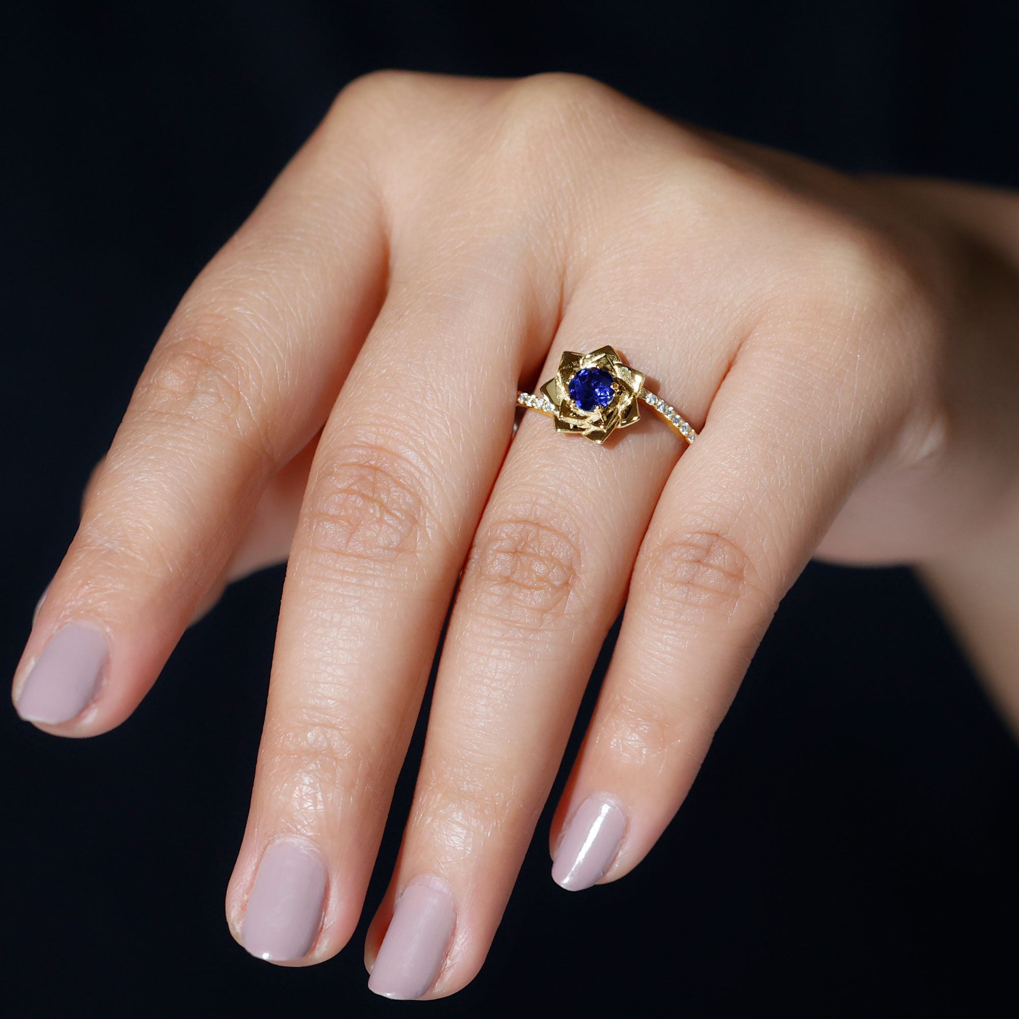 Lab Grown Blue Sapphire and Diamond Flower Bypass Ring Lab Created Blue Sapphire - ( AAAA ) - Quality - Rosec Jewels