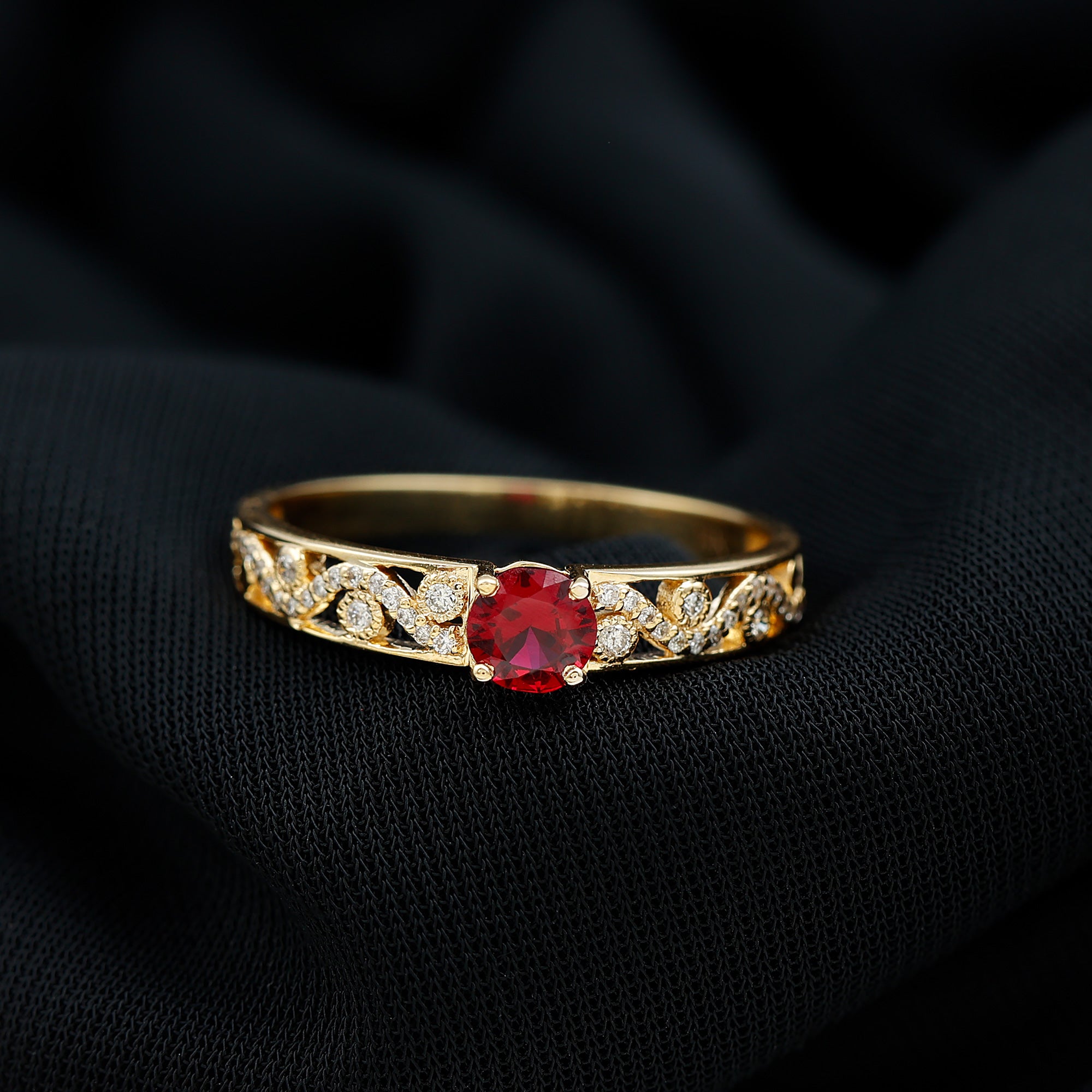 Designer Solitaire Engagement Ring with Lab Grown Ruby and Diamond Lab Created Ruby - ( AAAA ) - Quality - Rosec Jewels