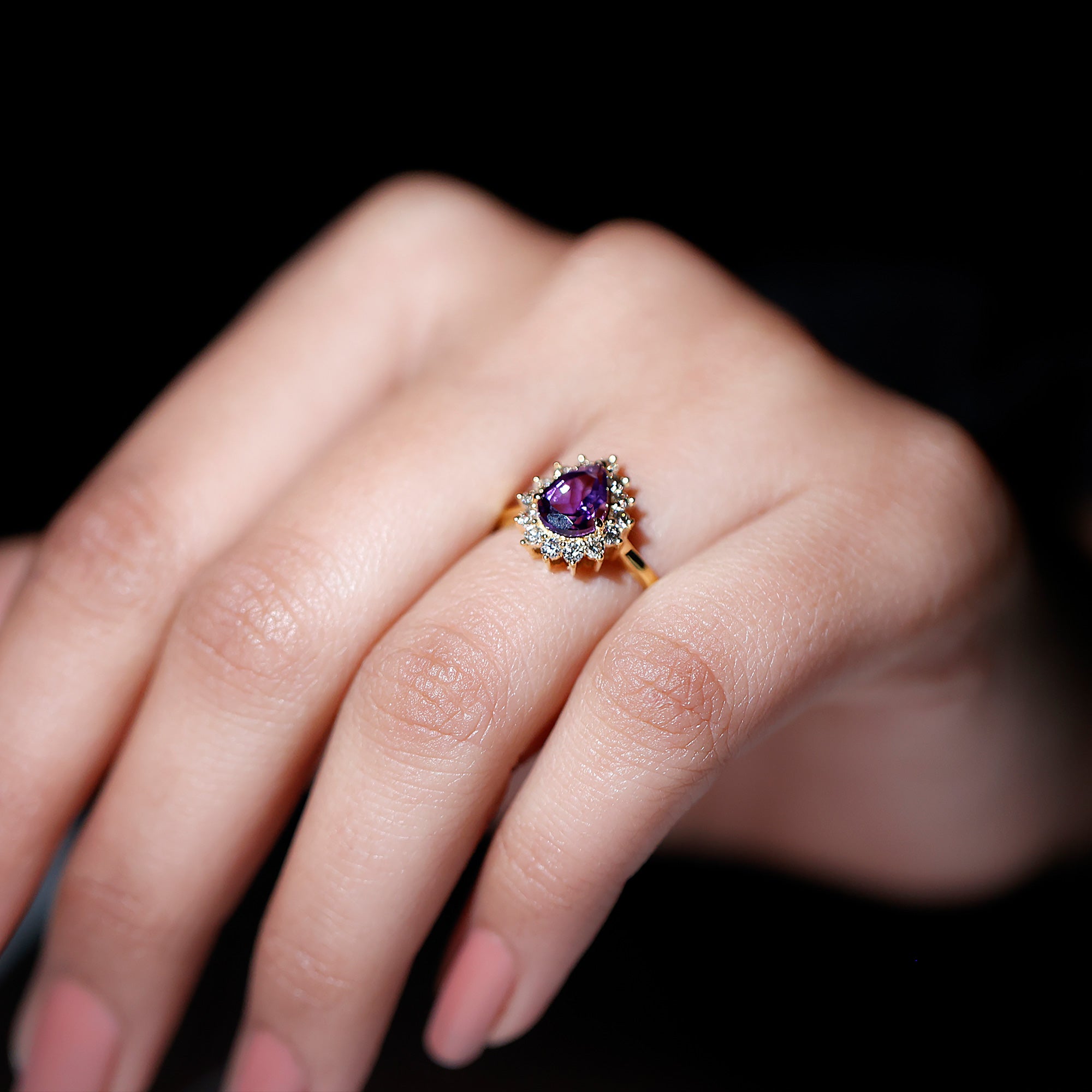 Pear Shape Amethyst Teardrop Ring with Diamond Halo Amethyst - ( AAA ) - Quality - Rosec Jewels