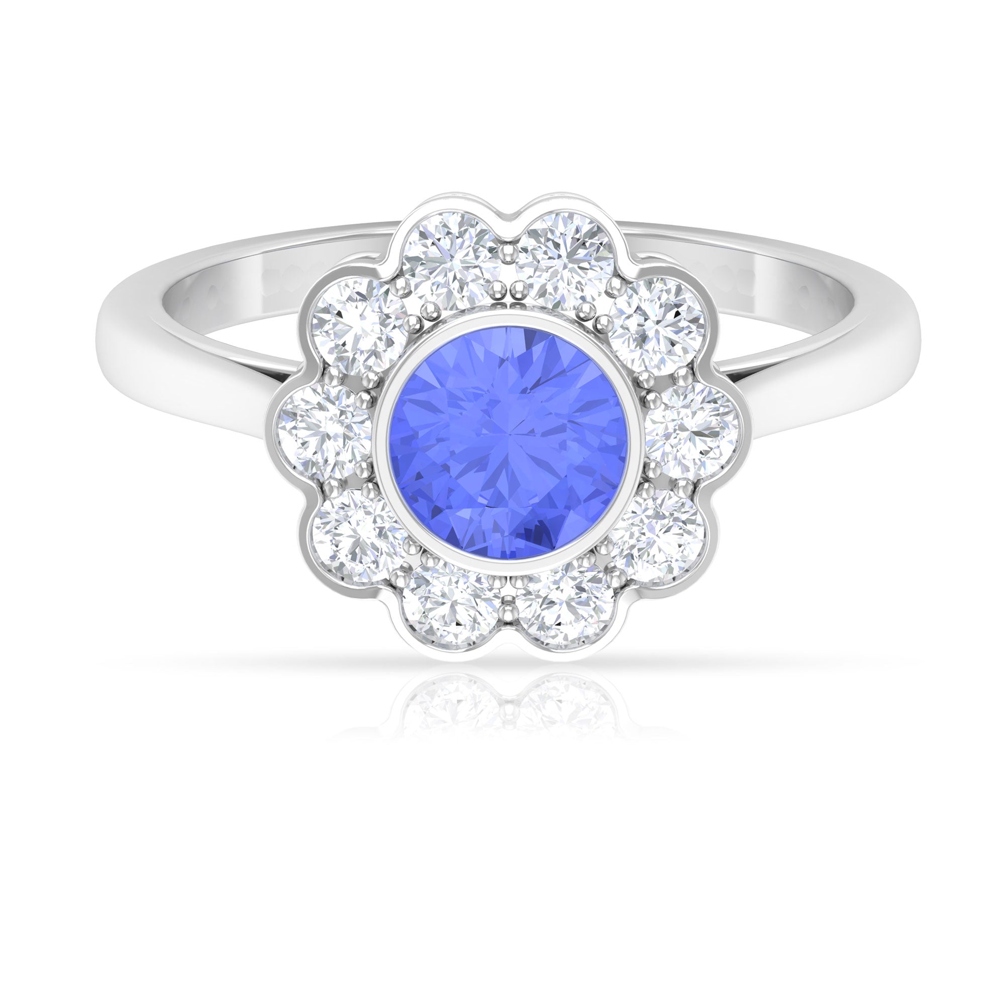 Bezel Set Tanzanite and Diamond Flower Halo Engagement Ring Tanzanite - ( AAA ) - Quality - Rosec Jewels