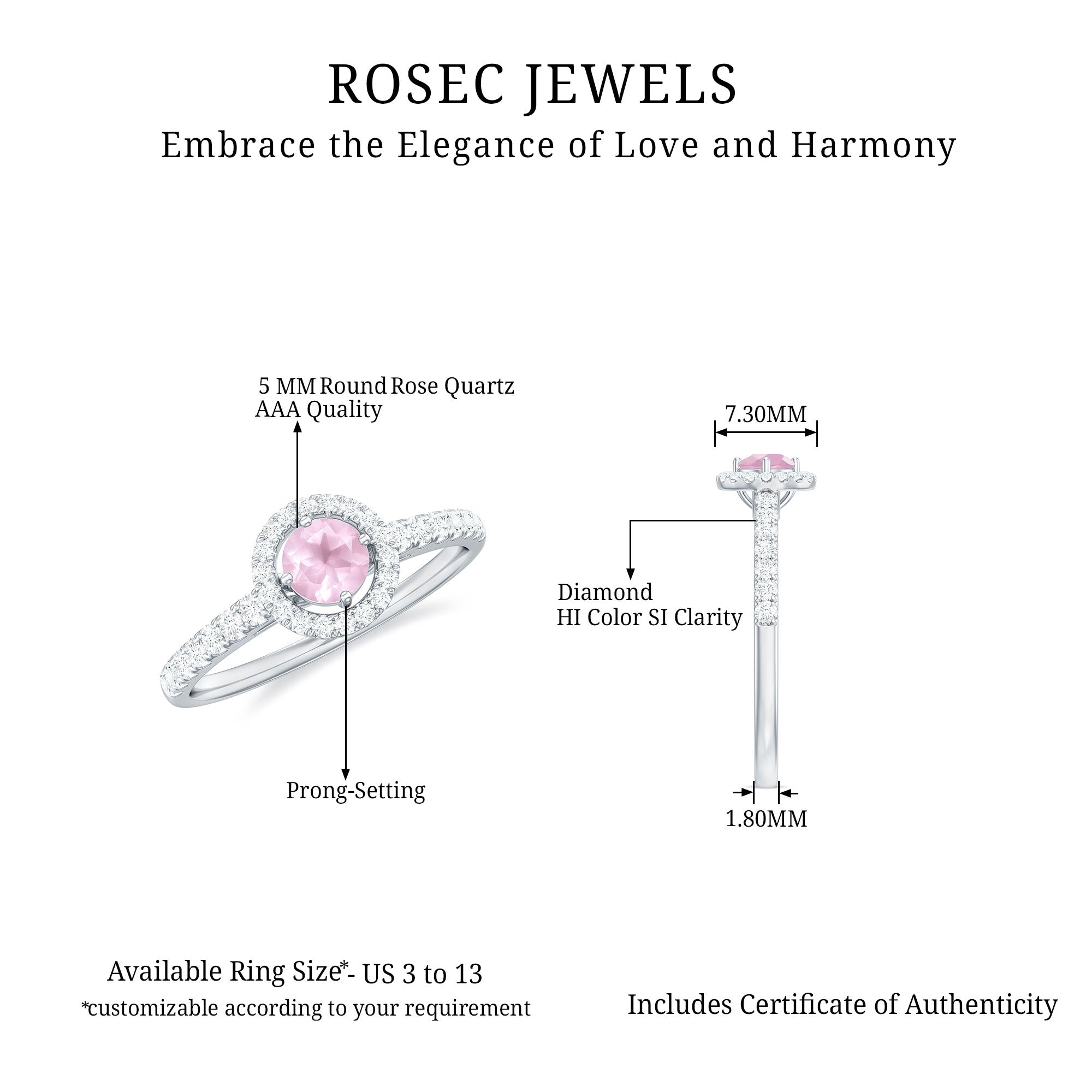 Minimal Rose Quartz Halo Engagement Ring with Diamond Rose Quartz - ( AAA ) - Quality - Rosec Jewels