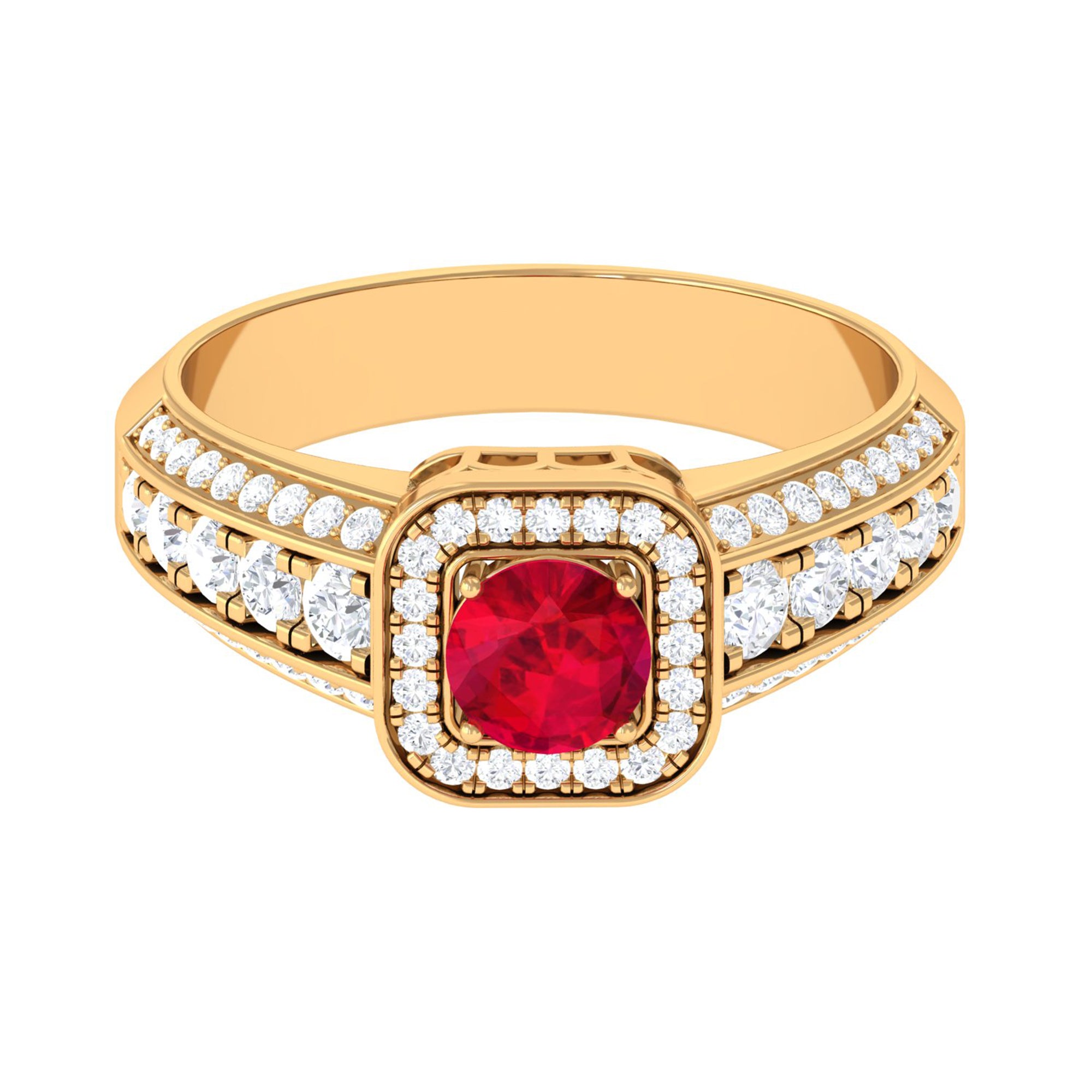 Lab Grown Ruby and Moissanite Halo Engagement Ring Lab Created Ruby - ( AAAA ) - Quality - Rosec Jewels