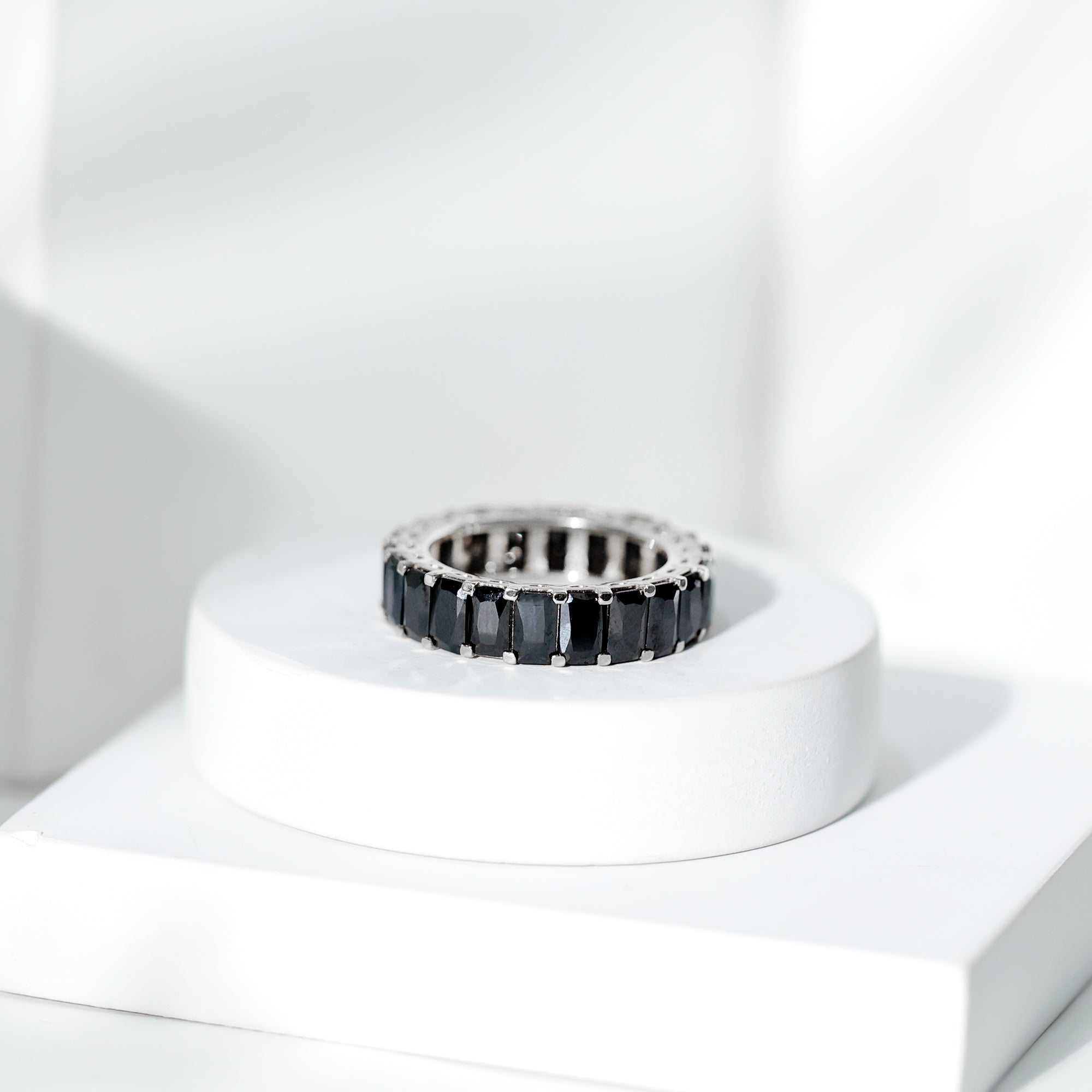 Emerald Cut Black Onyx Full Eternity Ring in Shared Prong Setting Black Onyx - ( AAA ) - Quality - Rosec Jewels