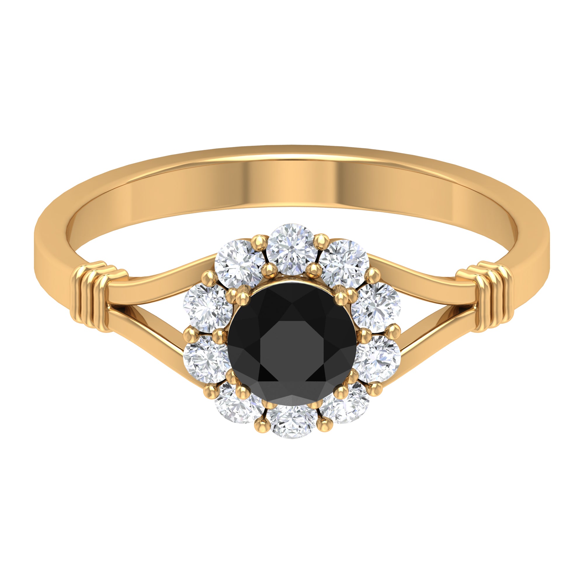 Black Onyx and Diamond Flower Halo Ring with Split Shank Black Onyx - ( AAA ) - Quality - Rosec Jewels