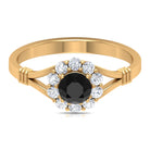 Black Onyx and Diamond Flower Halo Ring with Split Shank Black Onyx - ( AAA ) - Quality - Rosec Jewels