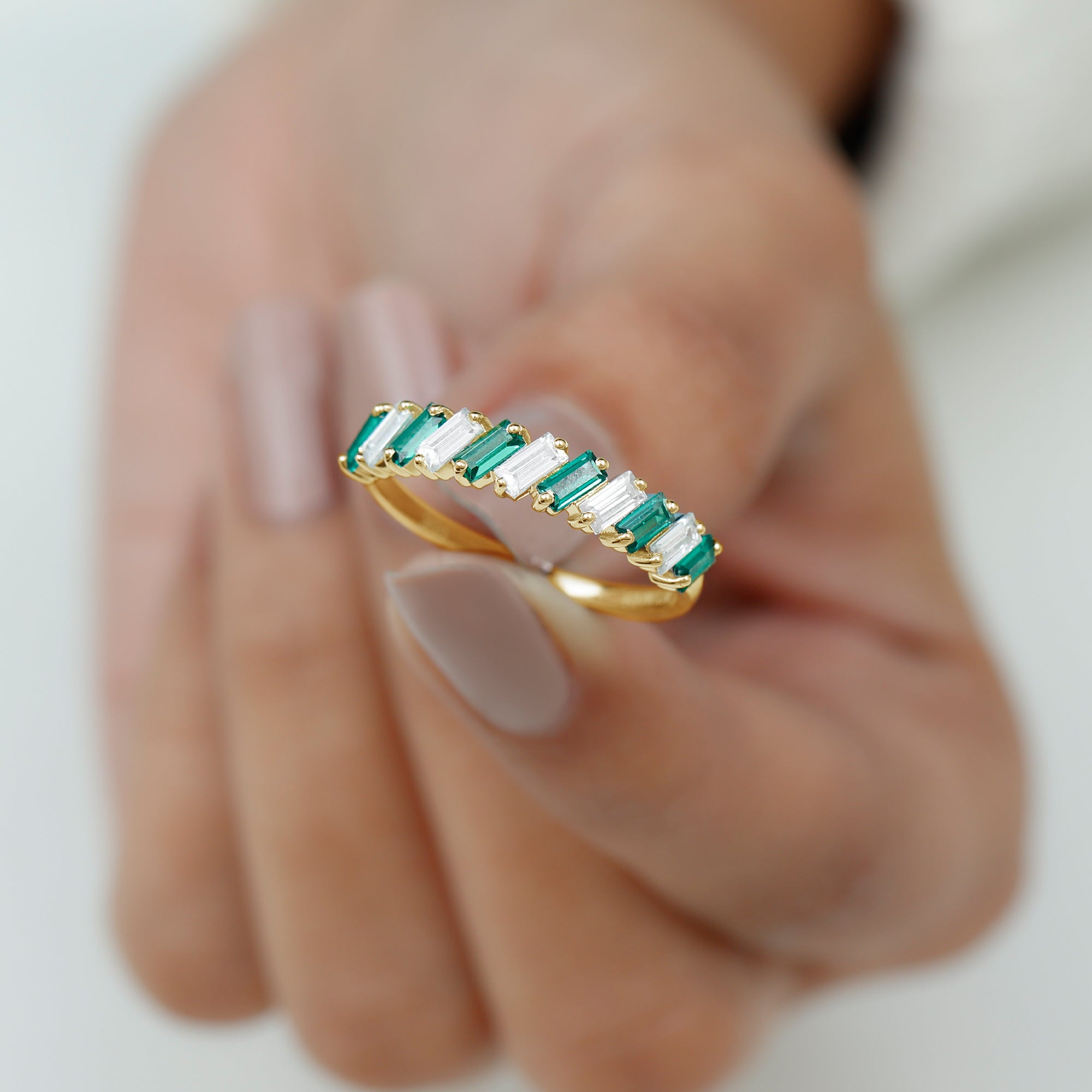 1.50 CT Certified Created Emerald Half Eternity Ring with Moissanite Lab Created Emerald - ( AAAA ) - Quality - Rosec Jewels