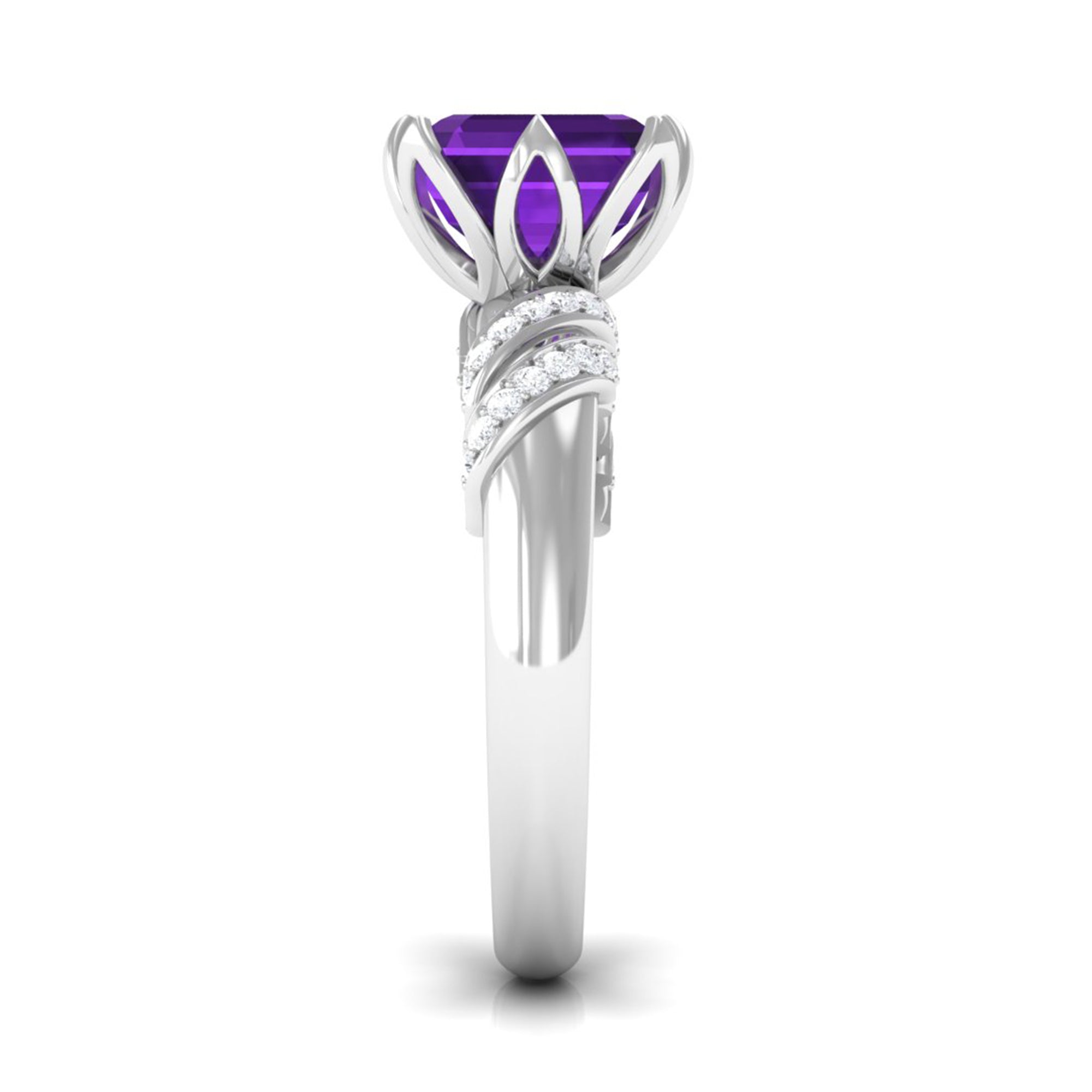 Asscher Cut Amethyst Designer Engagement Ring with Diamond Amethyst - ( AAA ) - Quality - Rosec Jewels