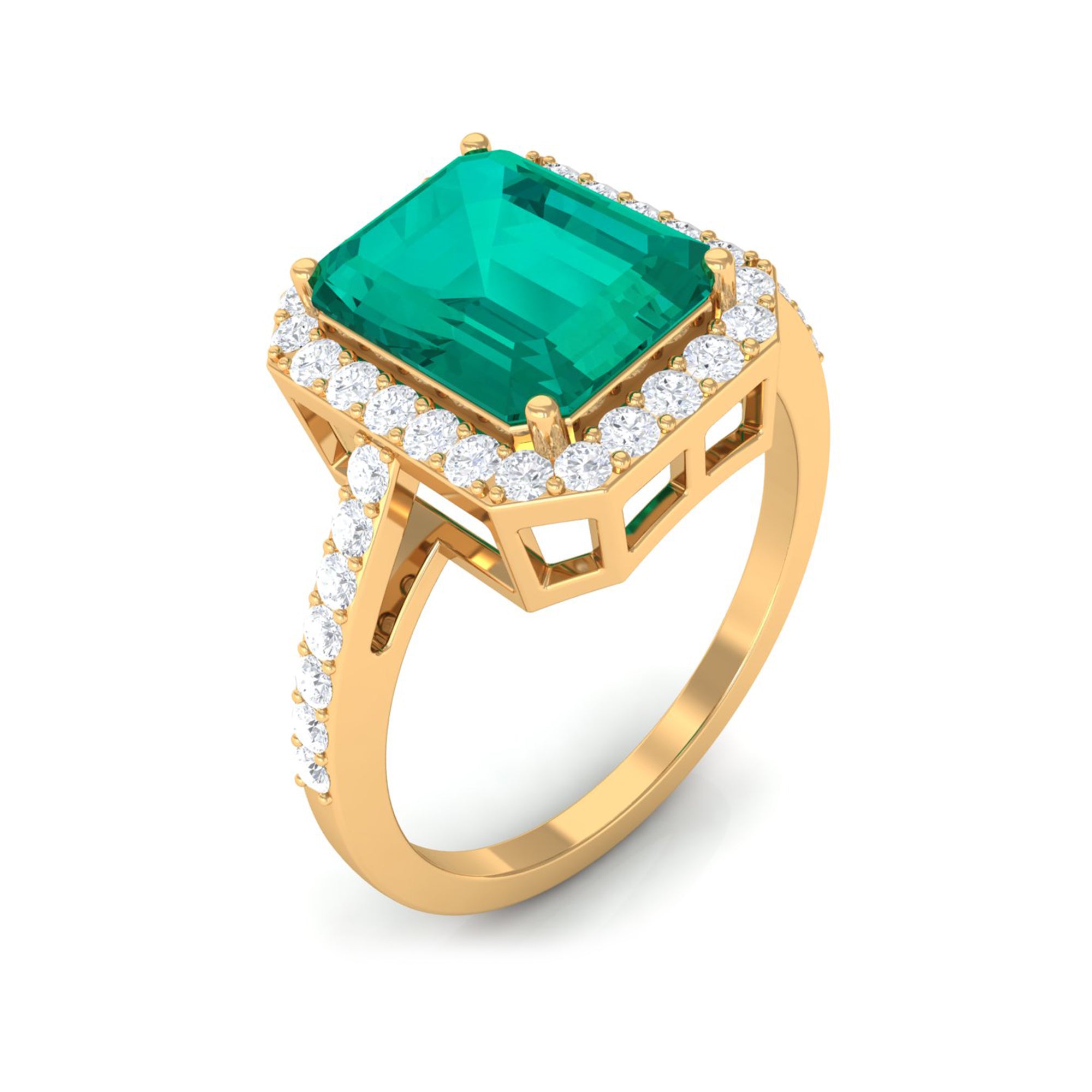 Lab Created Emerald Statement Engagement Ring With Moissanite Halo Lab Created Emerald - ( AAAA ) - Quality - Rosec Jewels