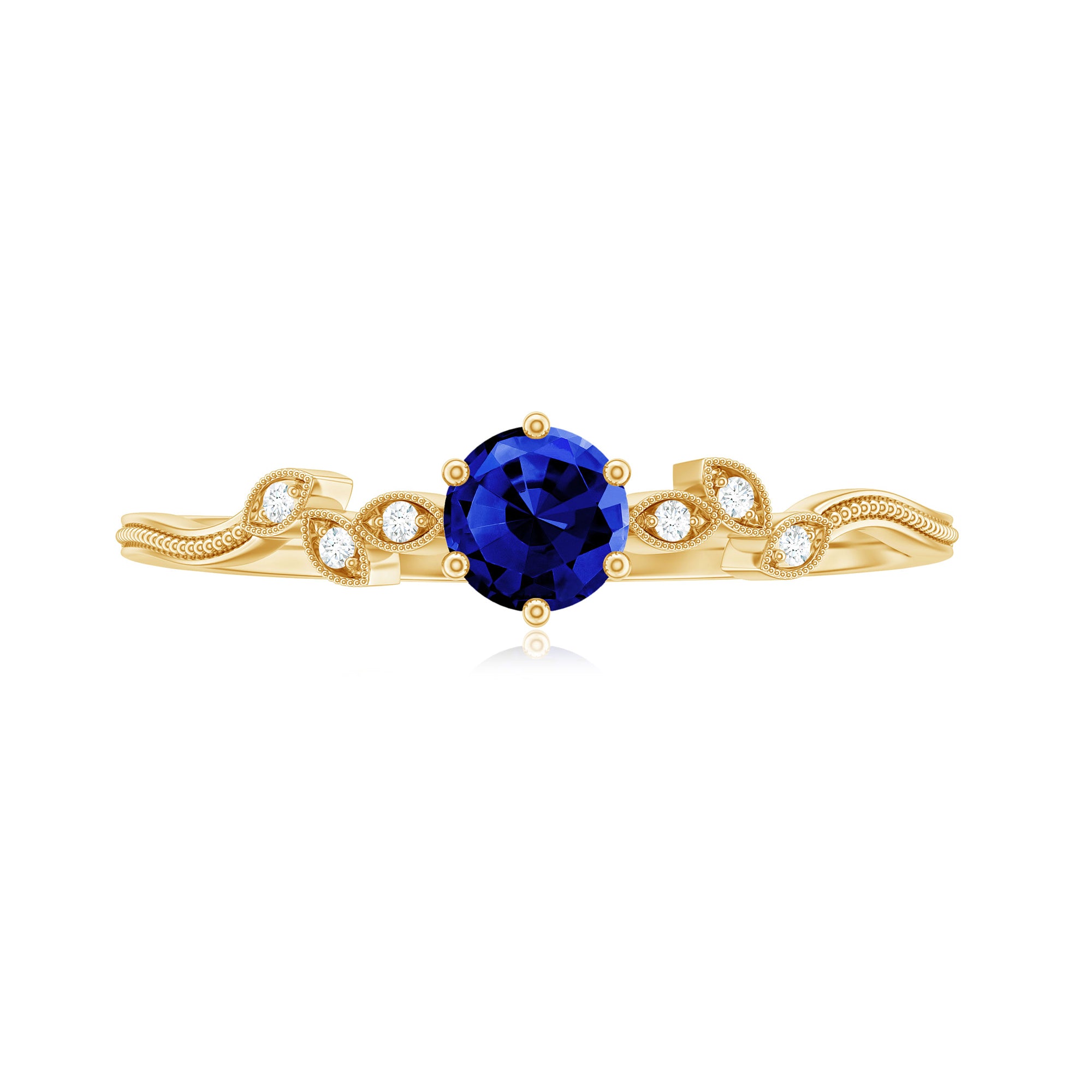 Round Created Blue Sapphire Minimal Leaf Promise Ring with Diamond in Gold Lab Created Blue Sapphire - ( AAAA ) - Quality - Rosec Jewels