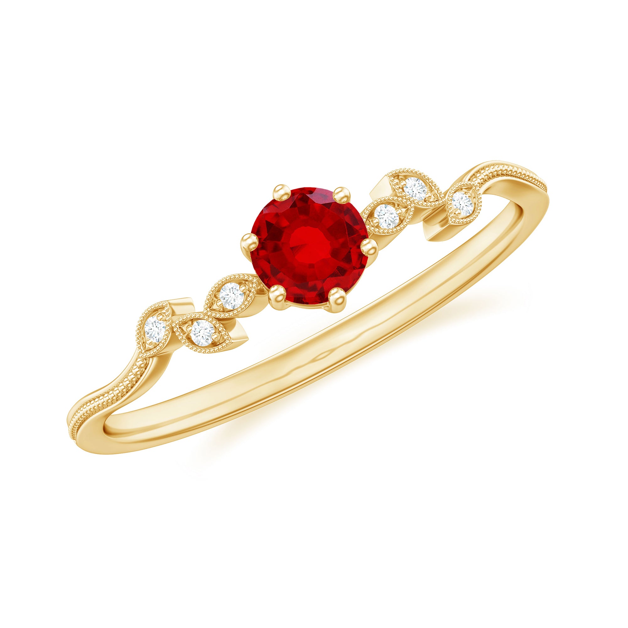 Created Ruby and Diamond Minimal Leaf Branch Ring Lab Created Ruby - ( AAAA ) - Quality - Rosec Jewels