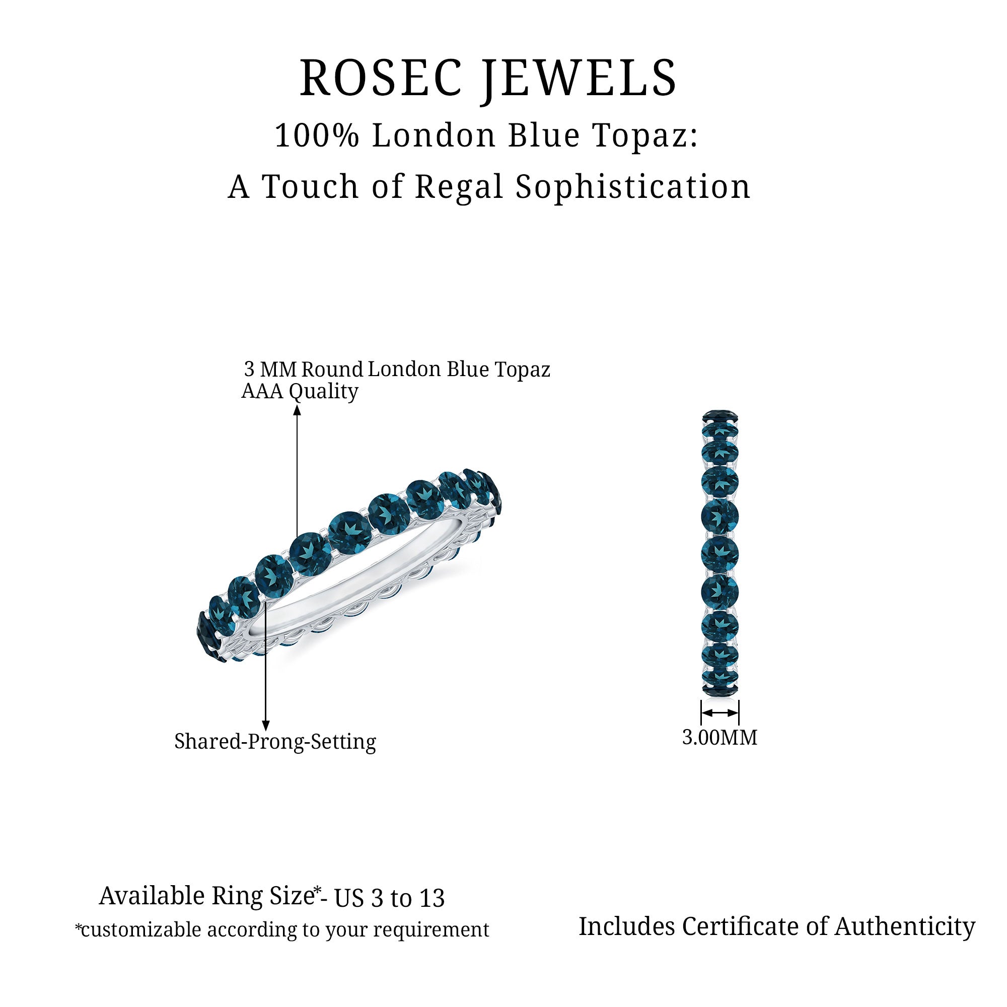 Real London Blue Topaz Simple Eternity Band Ring London Blue Topaz - ( AAA ) - Quality - Rosec Jewels