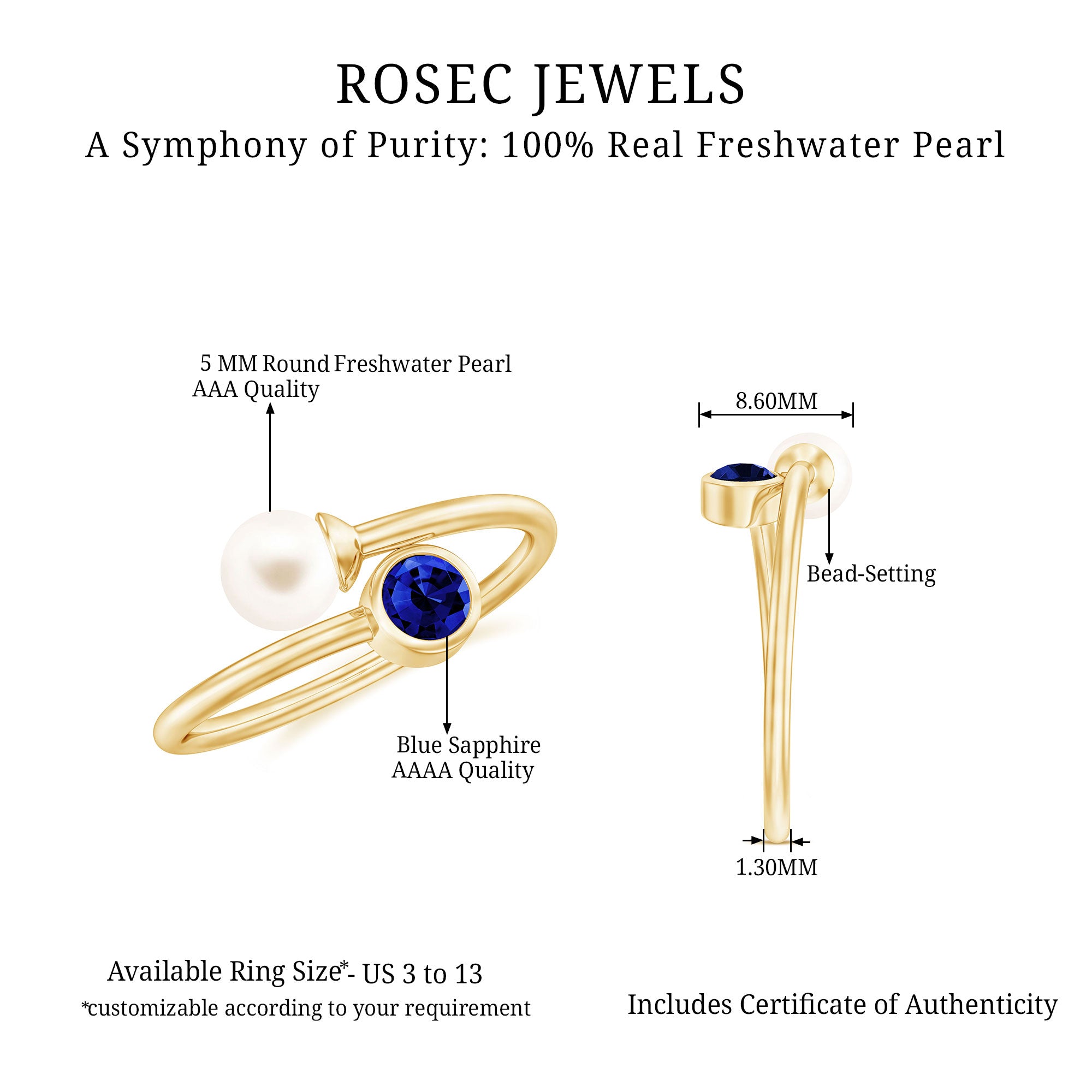 Lab Created Blue Sapphire and Pearl Toi Et Moi Ring Freshwater Pearl - ( AAA ) - Quality - Rosec Jewels