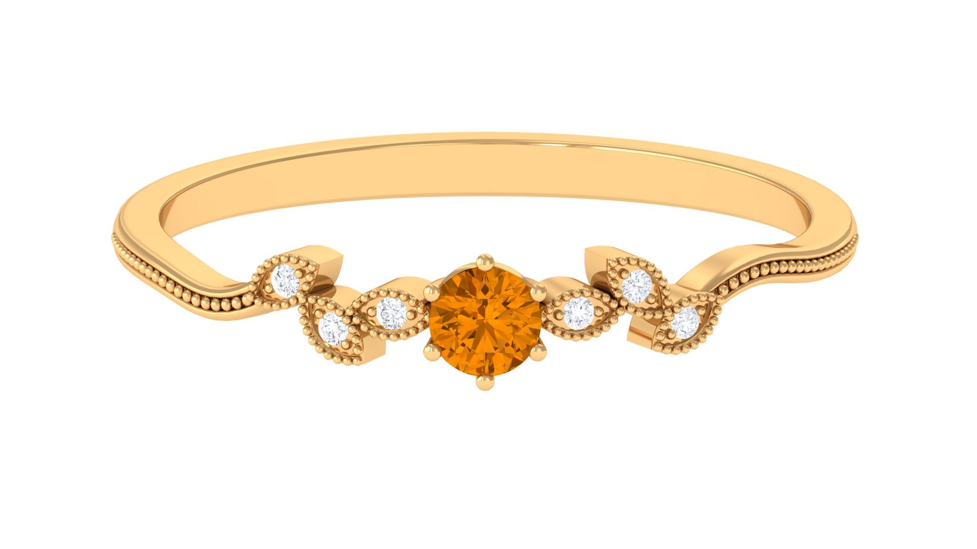 Natural Citrine Solitaire Leaf Inspired Promise Ring with Diamond Citrine - ( AAA ) - Quality - Rosec Jewels