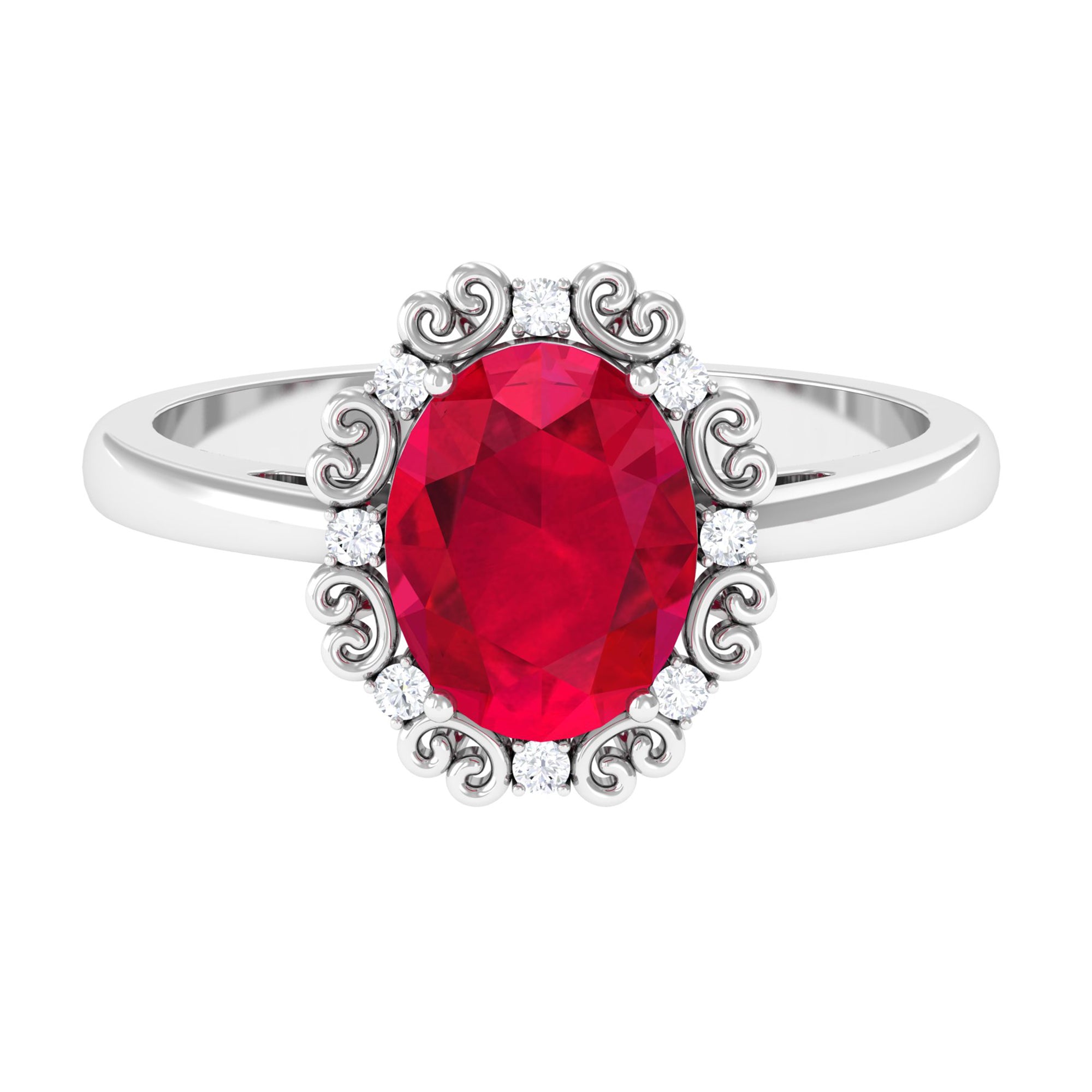 Vintage Inspired Created Ruby Engagement Ring with Diamond Lab Created Ruby - ( AAAA ) - Quality - Rosec Jewels