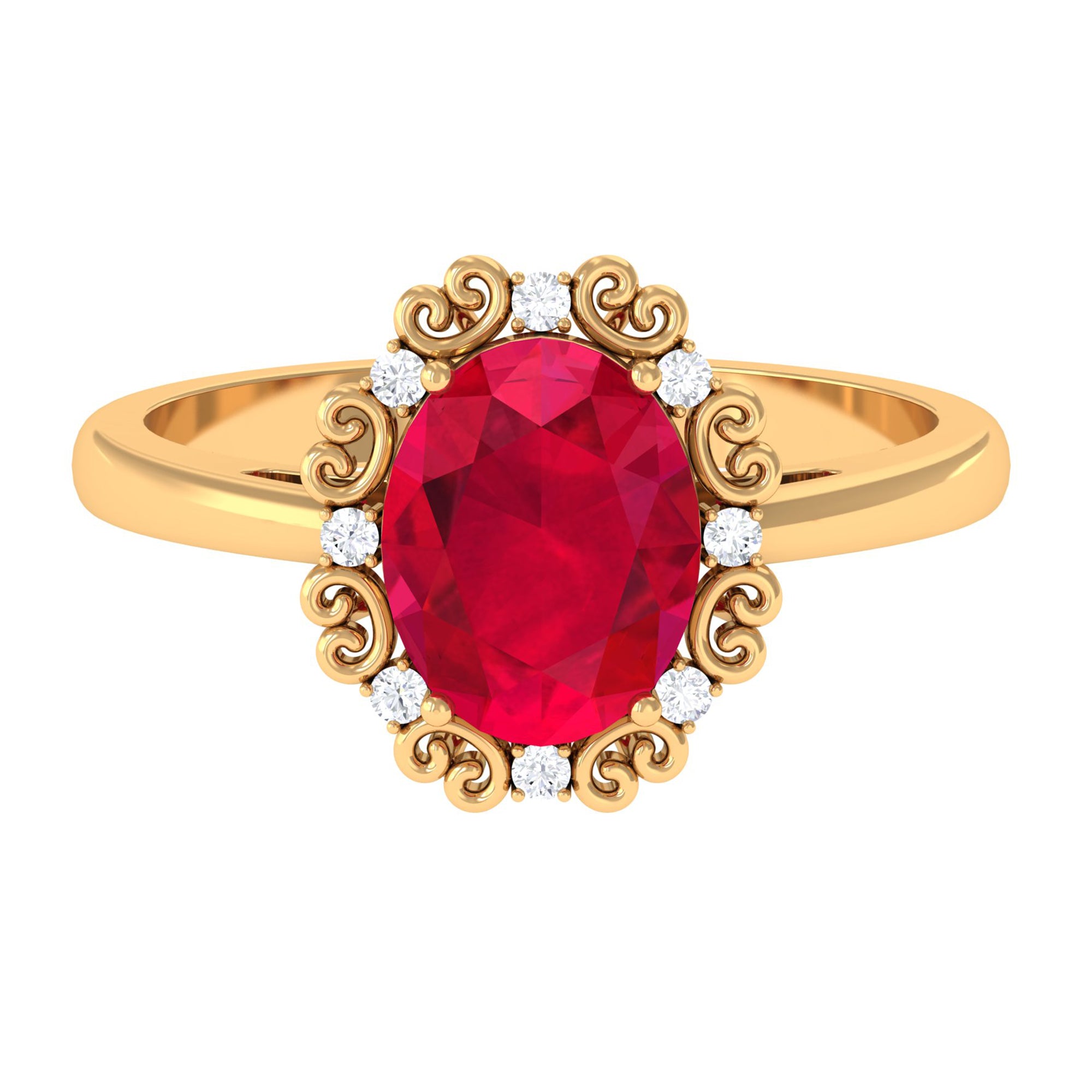 Vintage Inspired Created Ruby Engagement Ring with Diamond Lab Created Ruby - ( AAAA ) - Quality - Rosec Jewels