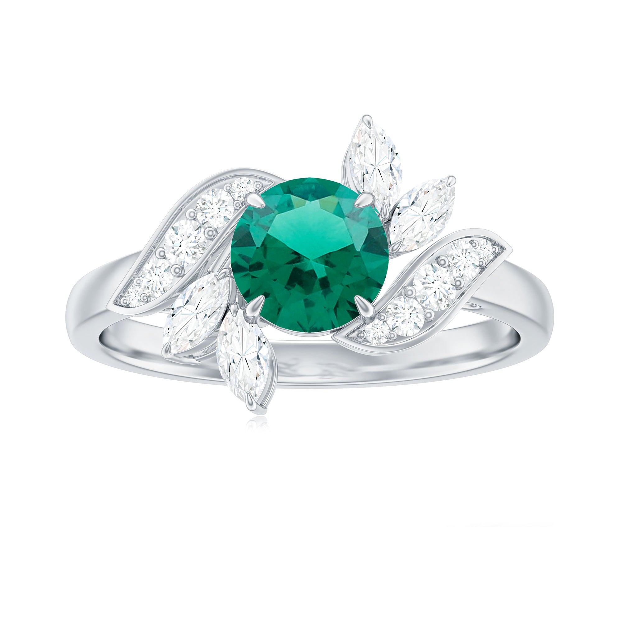 1.25 CT Round Lab Created Emerald Flower Engagement Ring with Diamond Lab Created Emerald - ( AAAA ) - Quality - Rosec Jewels