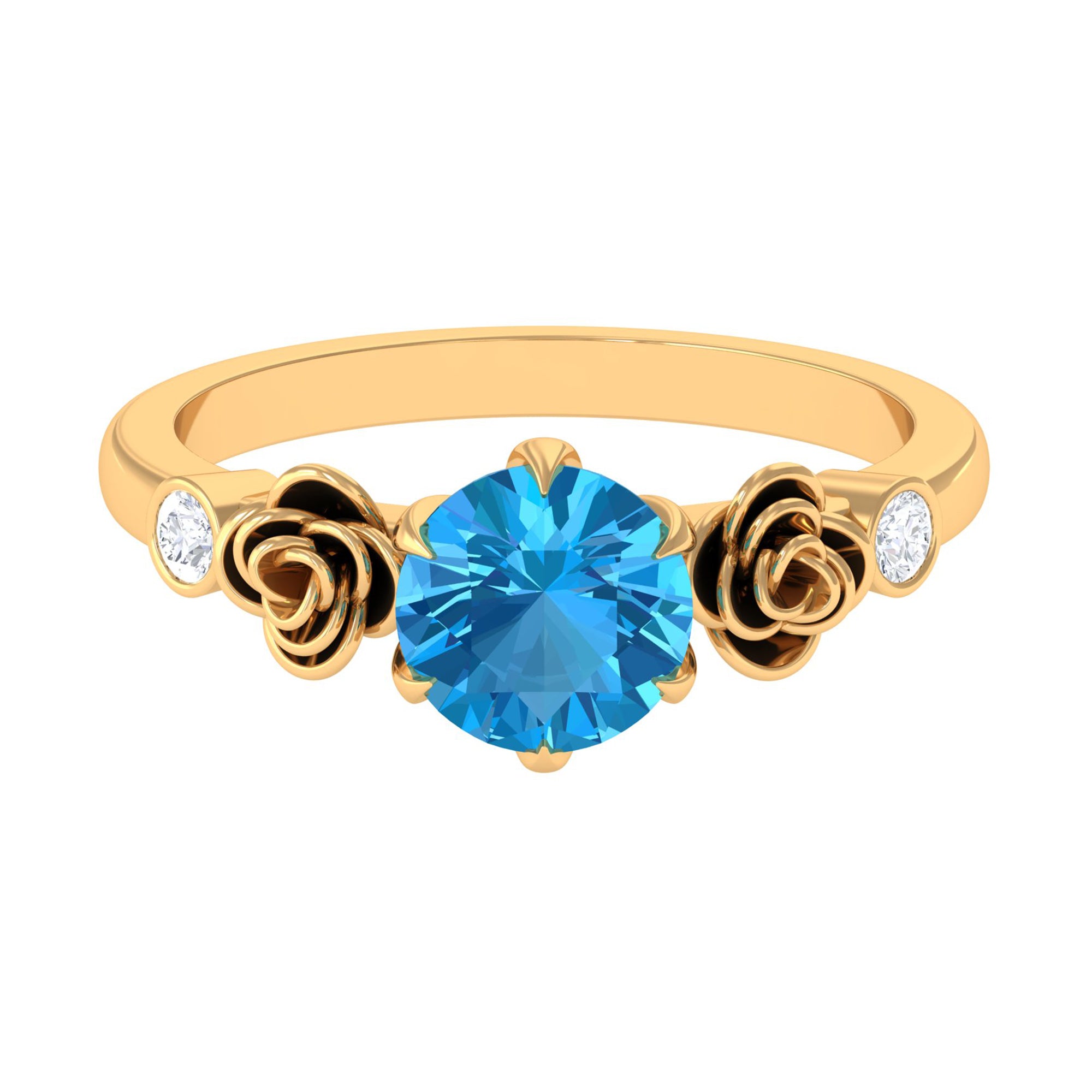 Solitaire Swiss Blue Topaz Flower Ring with Diamond Swiss Blue Topaz - ( AAA ) - Quality - Rosec Jewels