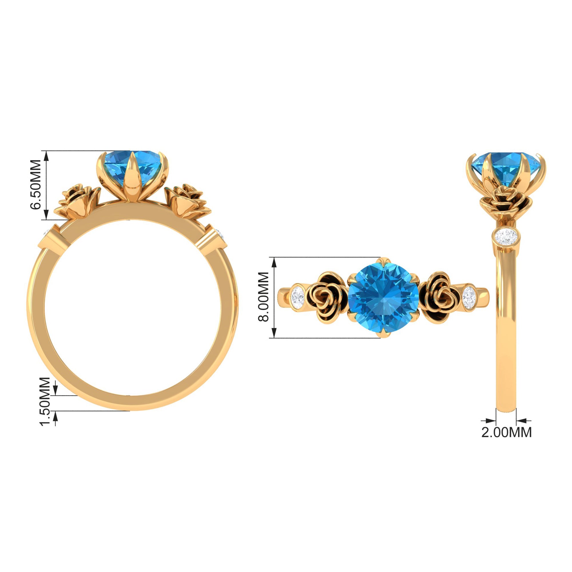 Solitaire Swiss Blue Topaz Flower Ring with Diamond Swiss Blue Topaz - ( AAA ) - Quality - Rosec Jewels