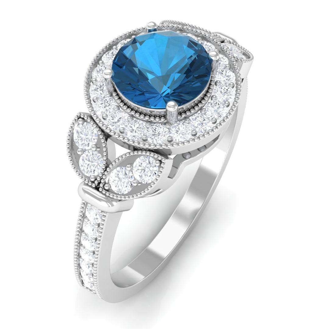 1.50 CT London Blue Topaz Vintage Style Engagement Ring with Diamond London Blue Topaz - ( AAA ) - Quality - Rosec Jewels