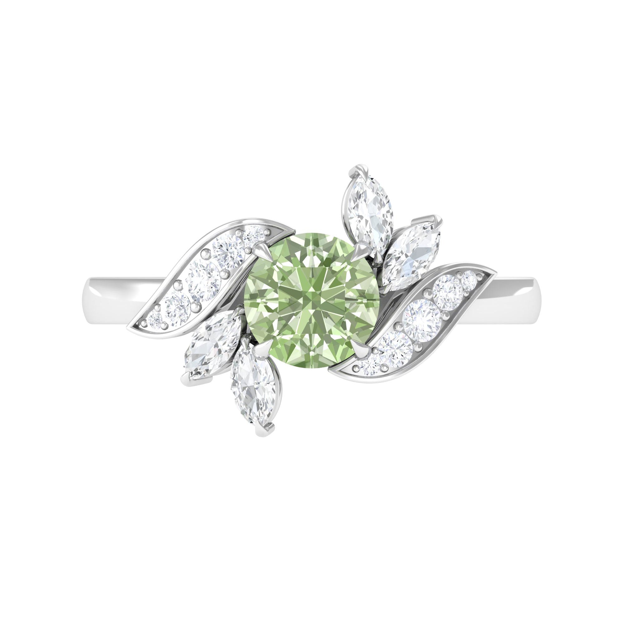 Green Sapphire Flower Engagement Ring with Diamond Green Sapphire - ( AAA ) - Quality - Rosec Jewels