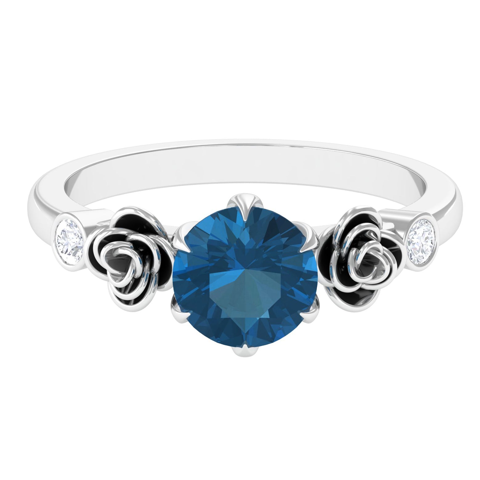 1.5 CT Solitaire London Blue Topaz Flower Ring with Diamond London Blue Topaz - ( AAA ) - Quality - Rosec Jewels