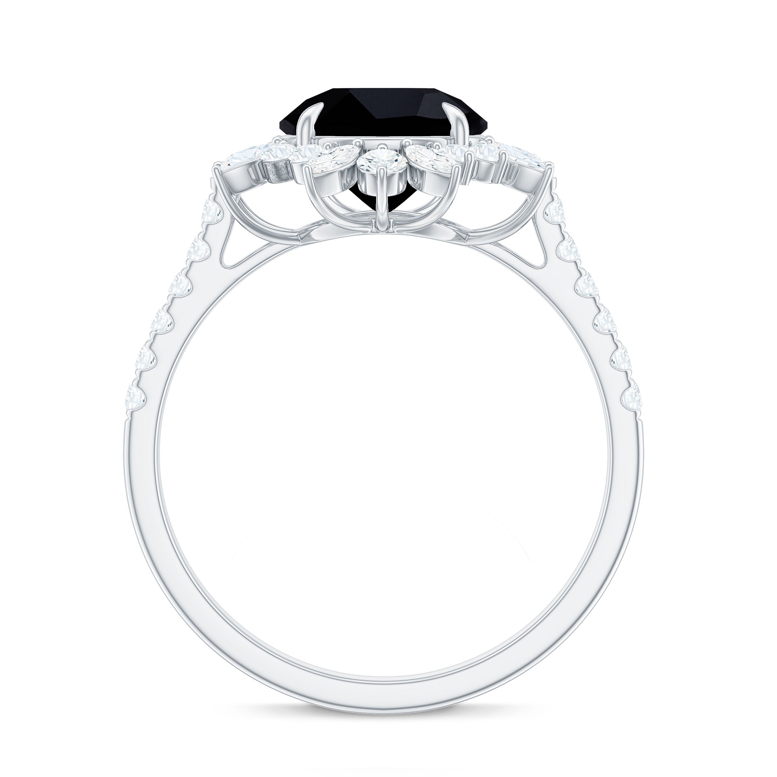 Round Black Spinel Statement Ring with Moissanite Floral Halo Black Spinel - ( AAA ) - Quality - Rosec Jewels