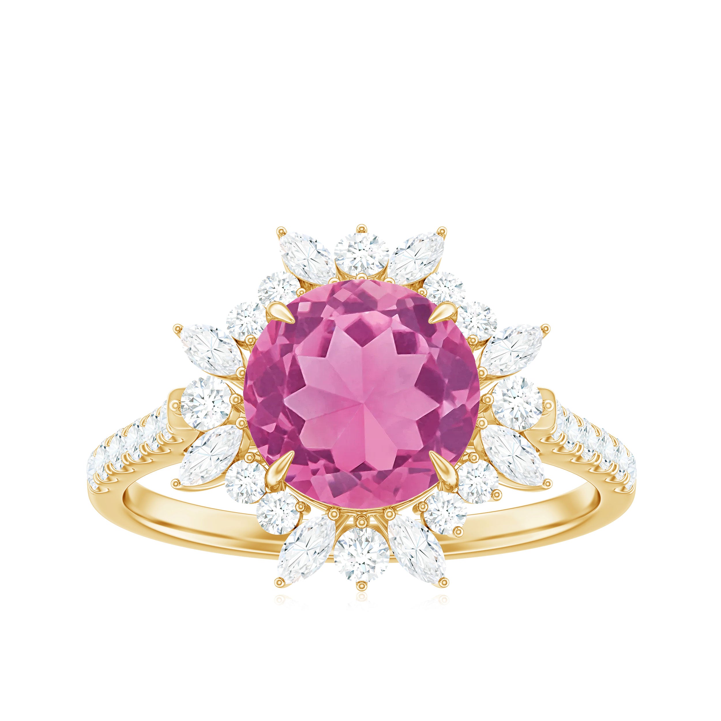 3 CT Round Pink Tourmaline Statement Ring with Moissanite Floral Halo Pink Tourmaline - ( AAA ) - Quality - Rosec Jewels