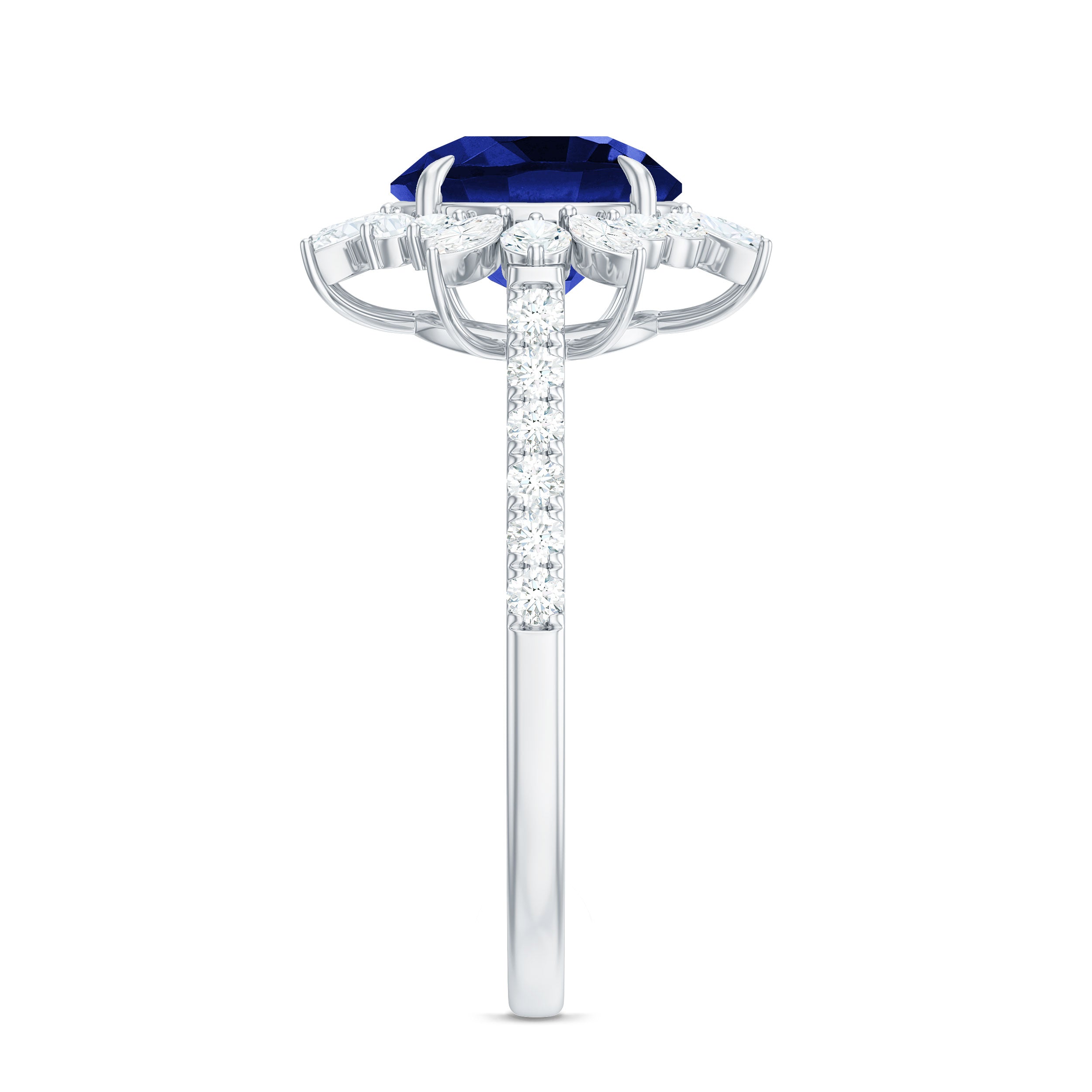 Lab-Created Blue Sapphire Cocktail Ring with Diamond Floral Halo Lab Created Blue Sapphire - ( AAAA ) - Quality - Rosec Jewels