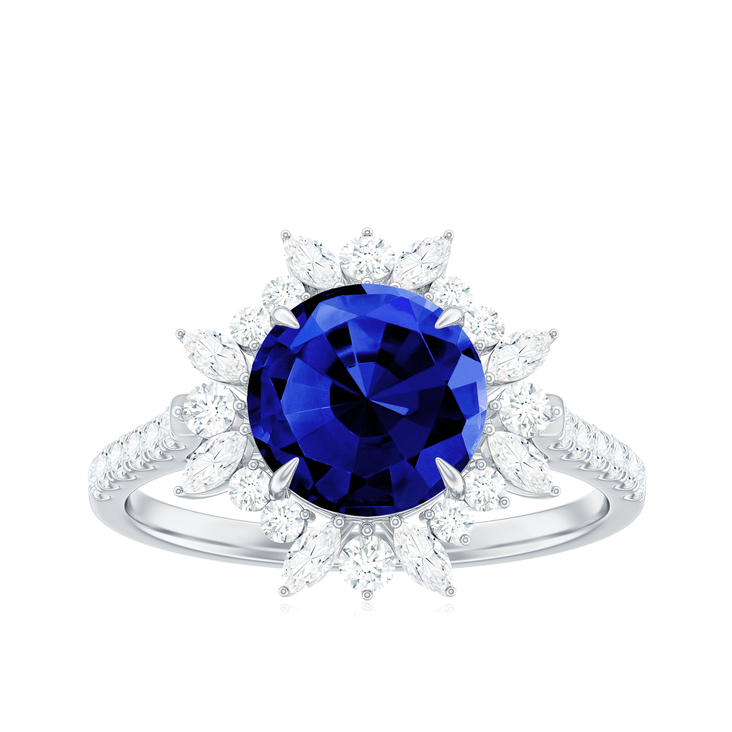 Lab-Created Blue Sapphire Cocktail Ring with Diamond Floral Halo Lab Created Blue Sapphire - ( AAAA ) - Quality - Rosec Jewels