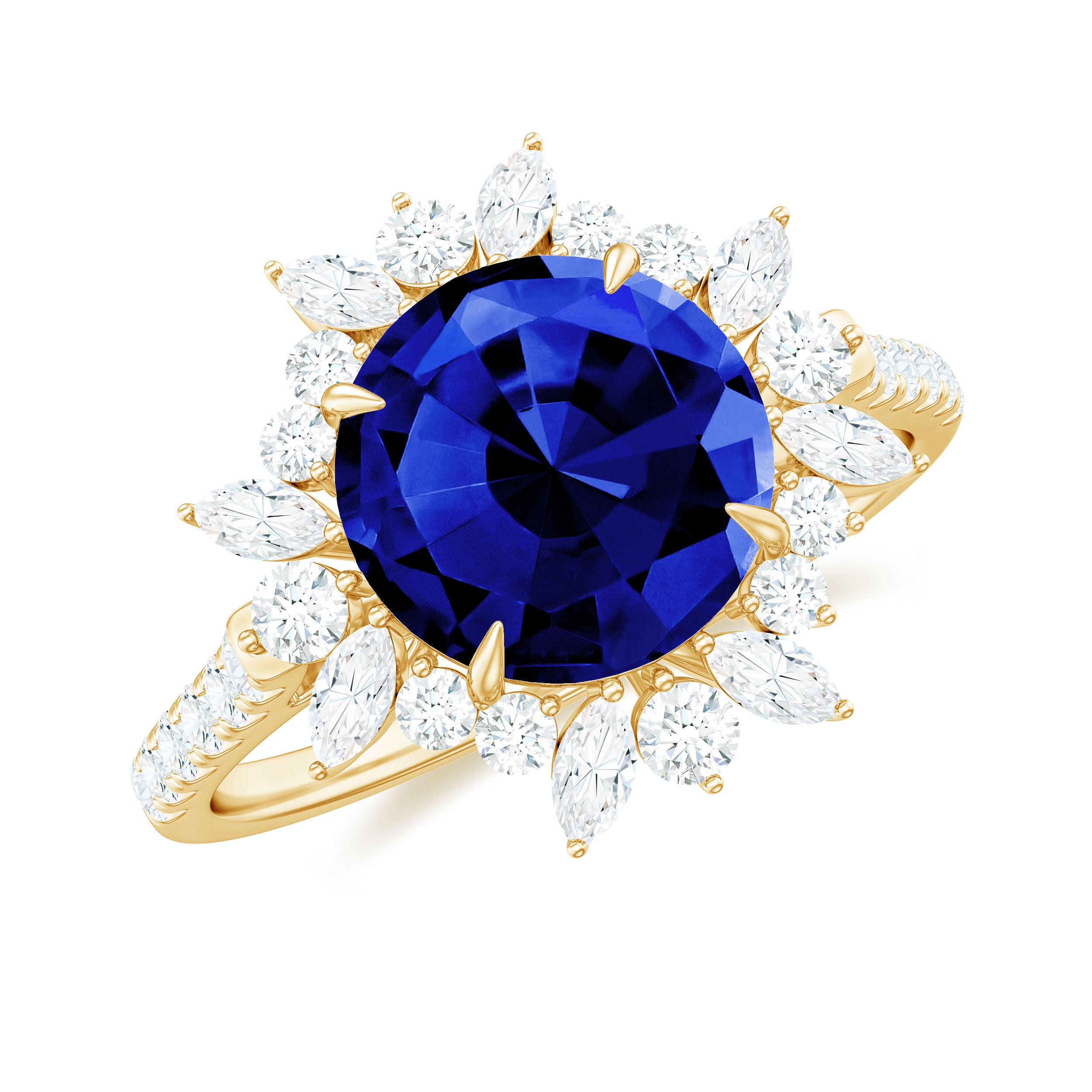 Lab-Created Blue Sapphire Cocktail Ring with Diamond Floral Halo Lab Created Blue Sapphire - ( AAAA ) - Quality - Rosec Jewels