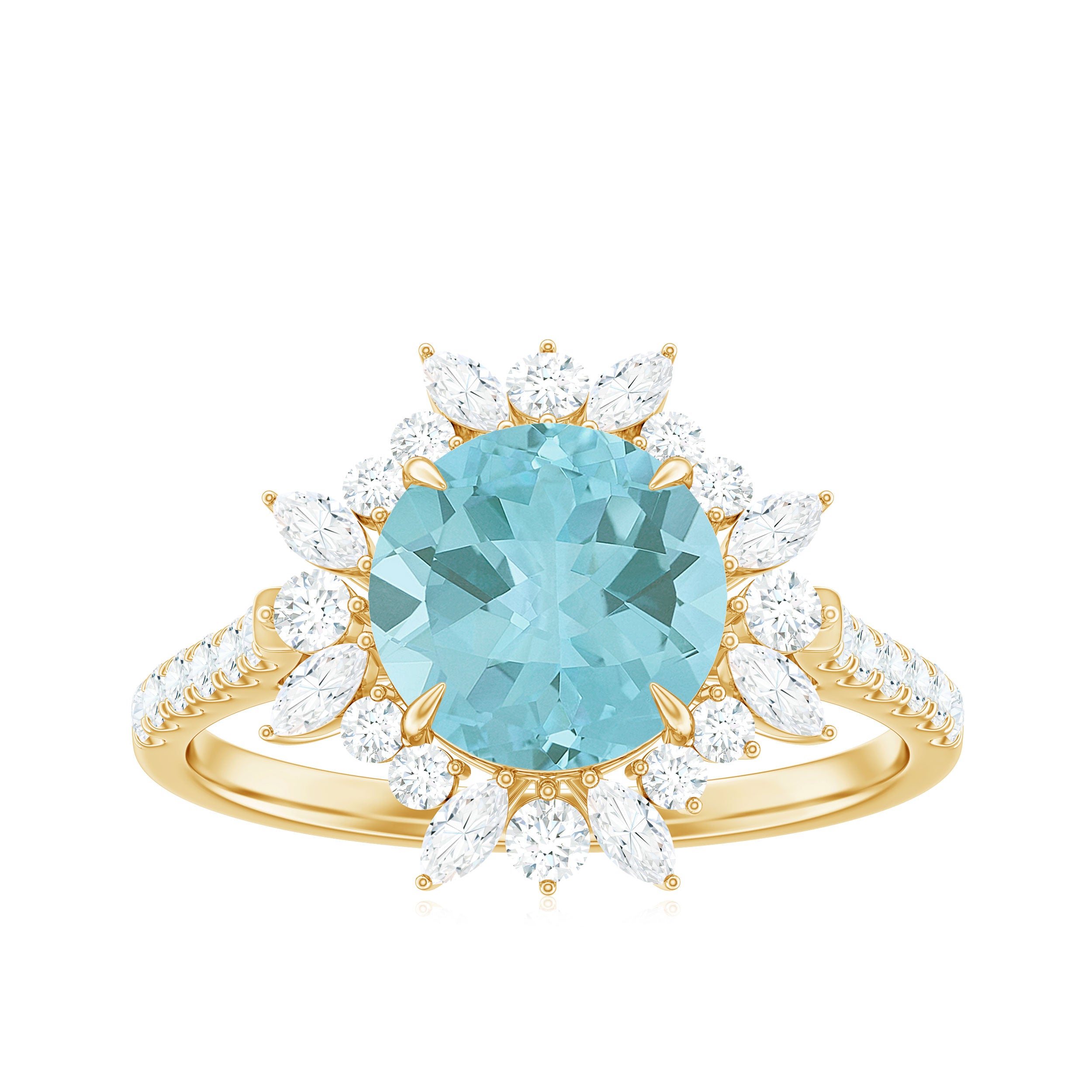 Round Sky Blue Topaz Statement Engagement Ring with Moissanite Floral Halo Sky Blue Topaz - ( AAA ) - Quality - Rosec Jewels