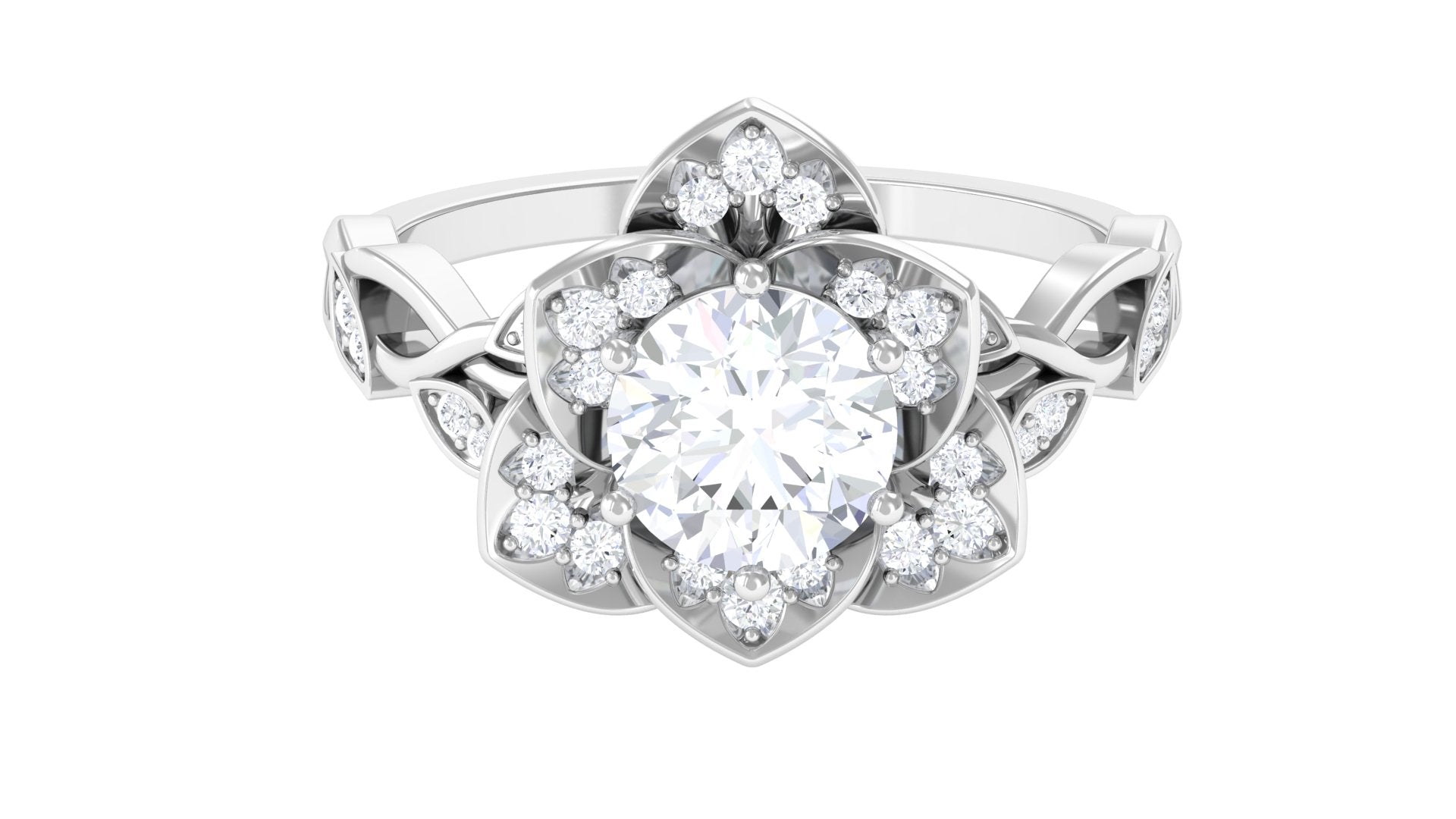 Designer Round Cut Moissanite Flower Engagement Ring Moissanite - ( D-VS1 ) - Color and Clarity - Rosec Jewels