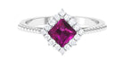 Princess Cut Rhodolite and Moissanite Halo Ring with Beaded Gold Rhodolite - ( AAA ) - Quality - Rosec Jewels