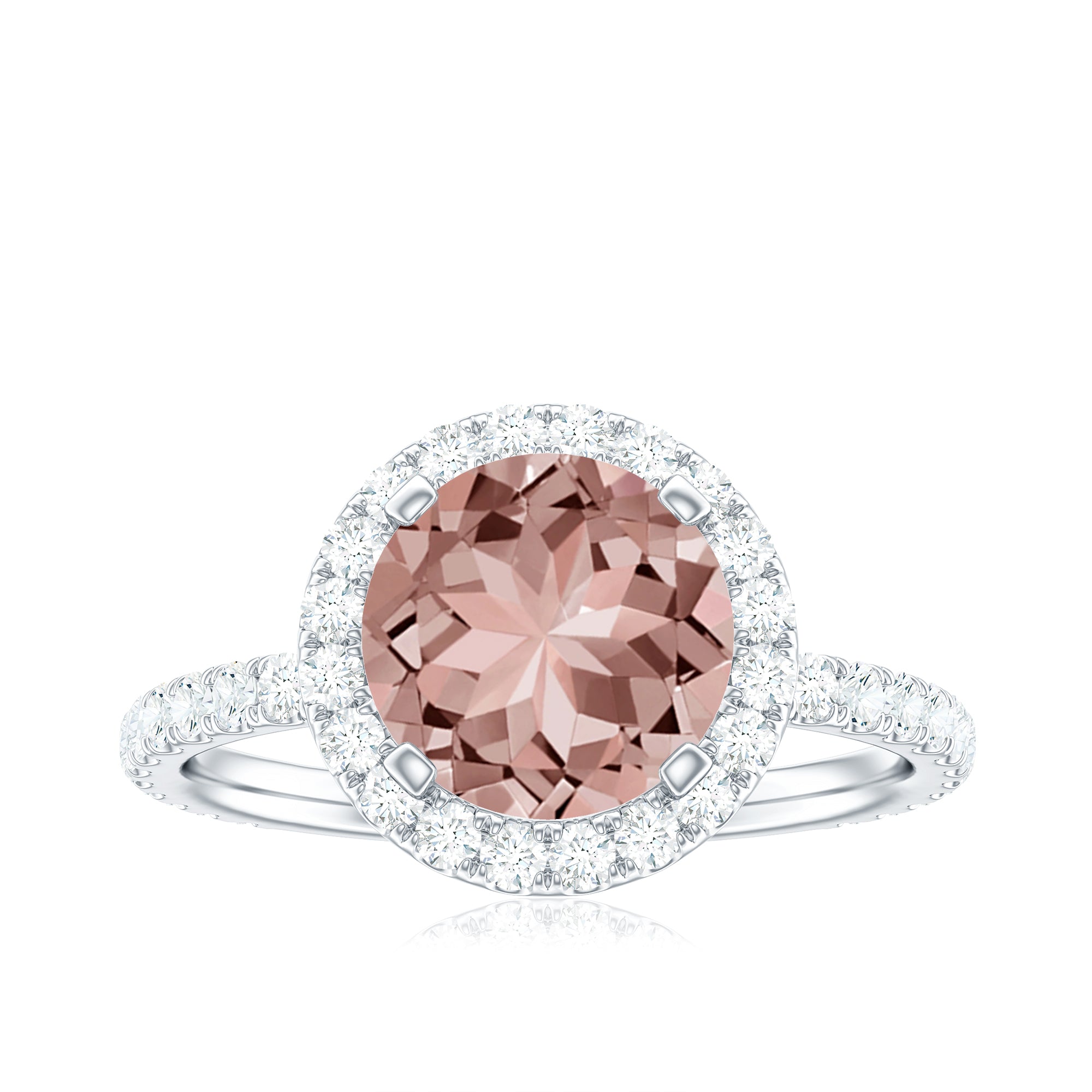 Round Morganite Halo Engagement Ring with Moissanite Morganite - ( AAA ) - Quality - Rosec Jewels