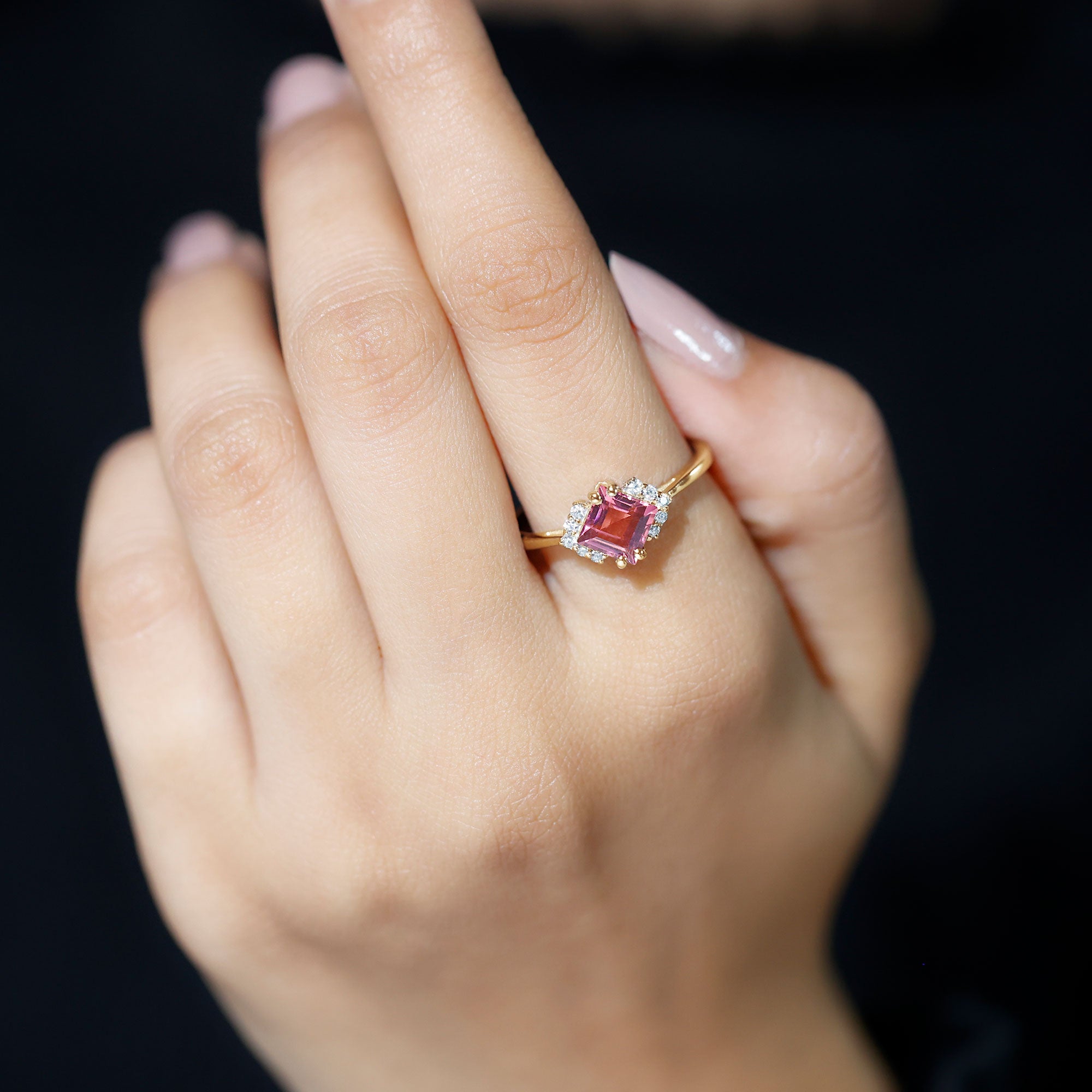 Princess Cut Pink Tourmaline Engagement Ring with Diamond Accent Pink Tourmaline - ( AAA ) - Quality - Rosec Jewels