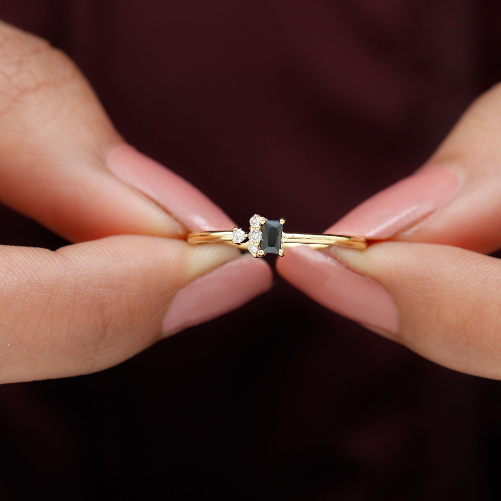 Dainty Promise Ring with Octagon Cut Black Spinel and Diamond Black Spinel - ( AAA ) - Quality - Rosec Jewels