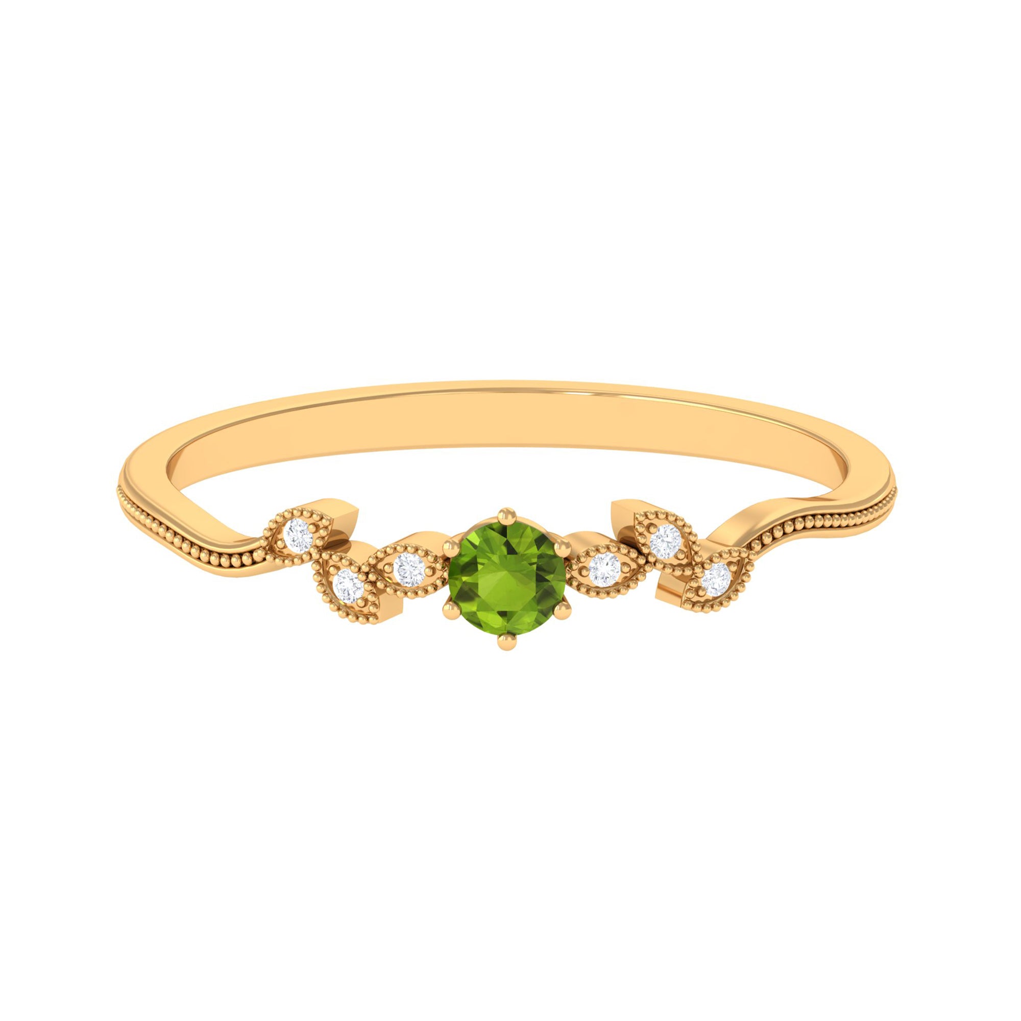 Round Peridot and Diamond Leaf Promise Ring with Beaded Detailing Peridot - ( AAA ) - Quality - Rosec Jewels