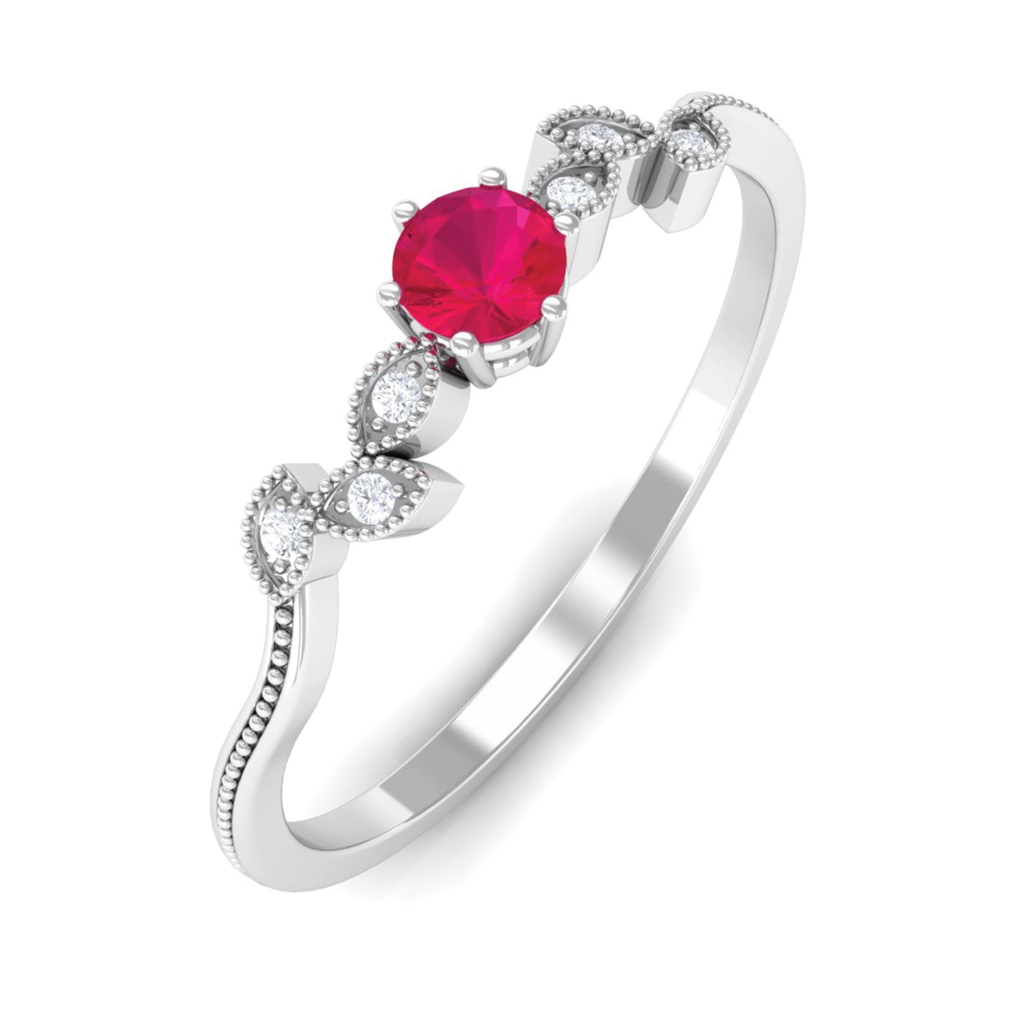 Leaf Inspired Ruby Solitaire Promise Ring with Diamond Ruby - ( AAA ) - Quality - Rosec Jewels