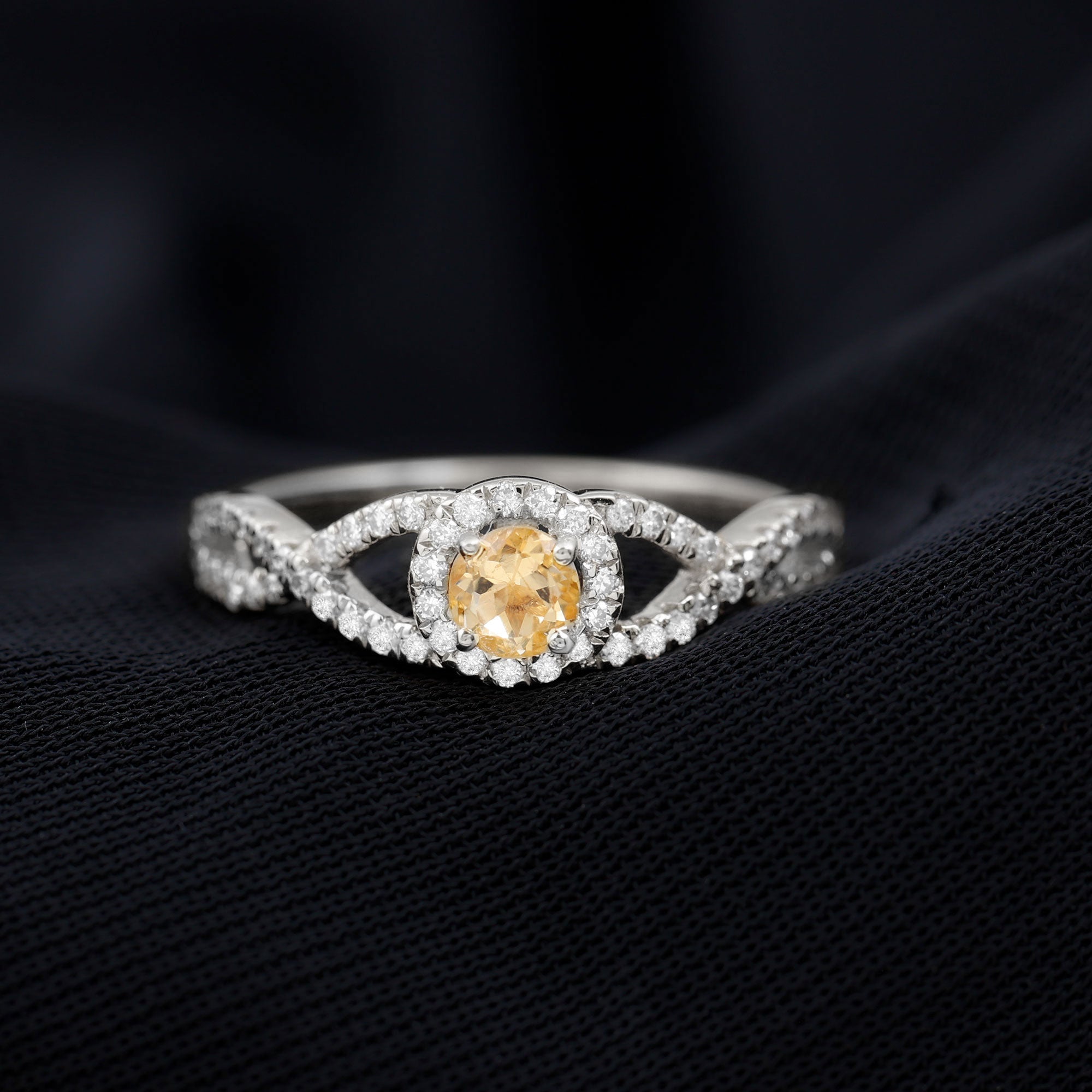 Criss Cross Shank Citrine and Diamond Halo Engagement Ring Citrine - ( AAA ) - Quality - Rosec Jewels